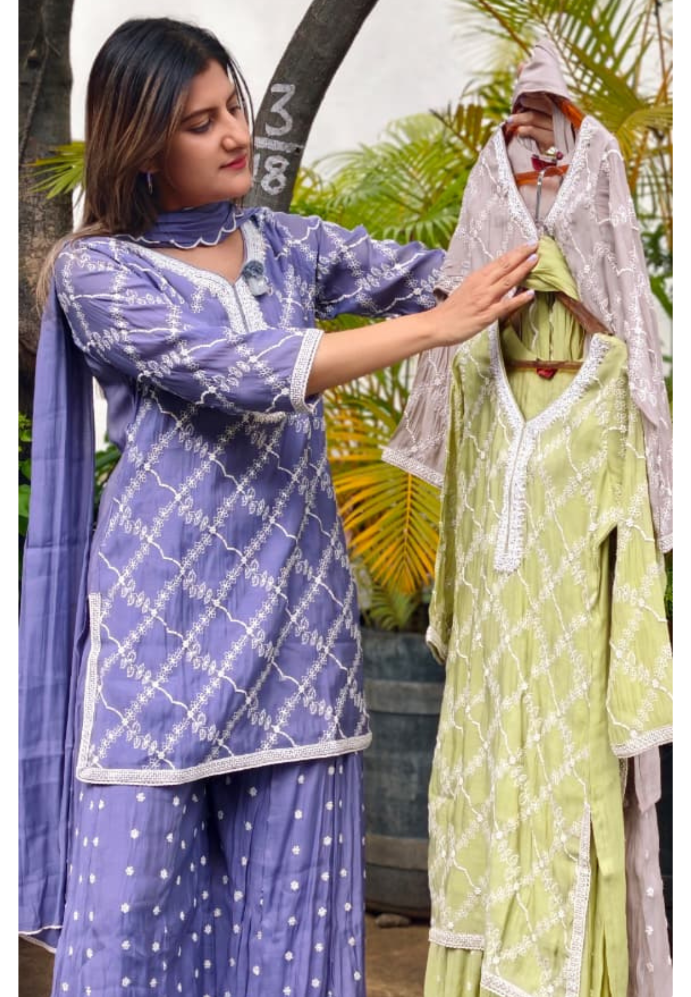 Elegant Cut-Dana Work Assymmetric Embroidered Short Length Kurti With Flared Palazzo Bottom & Dupatta- 15896