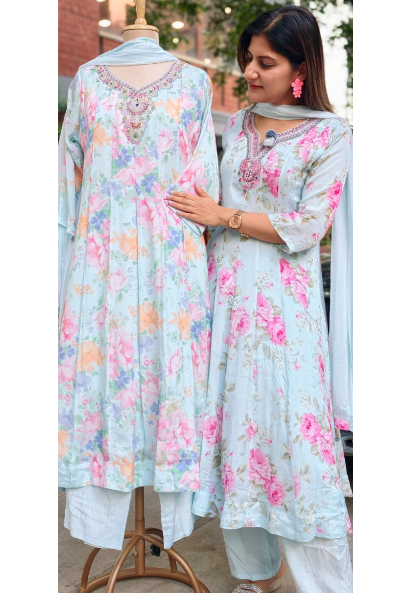 Spring Graceful Floral Printed Beautiful Neckline Panel Anarkali Full Suit Set With Dupatta In Chinon Fabric- 15960, 15962