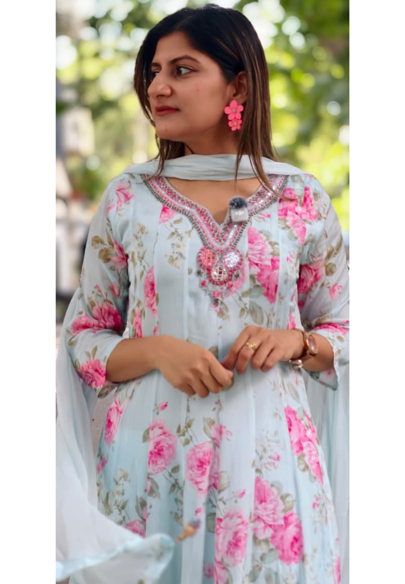 Spring Graceful Floral Printed Beautiful Neckline Panel Anarkali Full Suit Set With Dupatta In Chinon Fabric- 15960, 15962