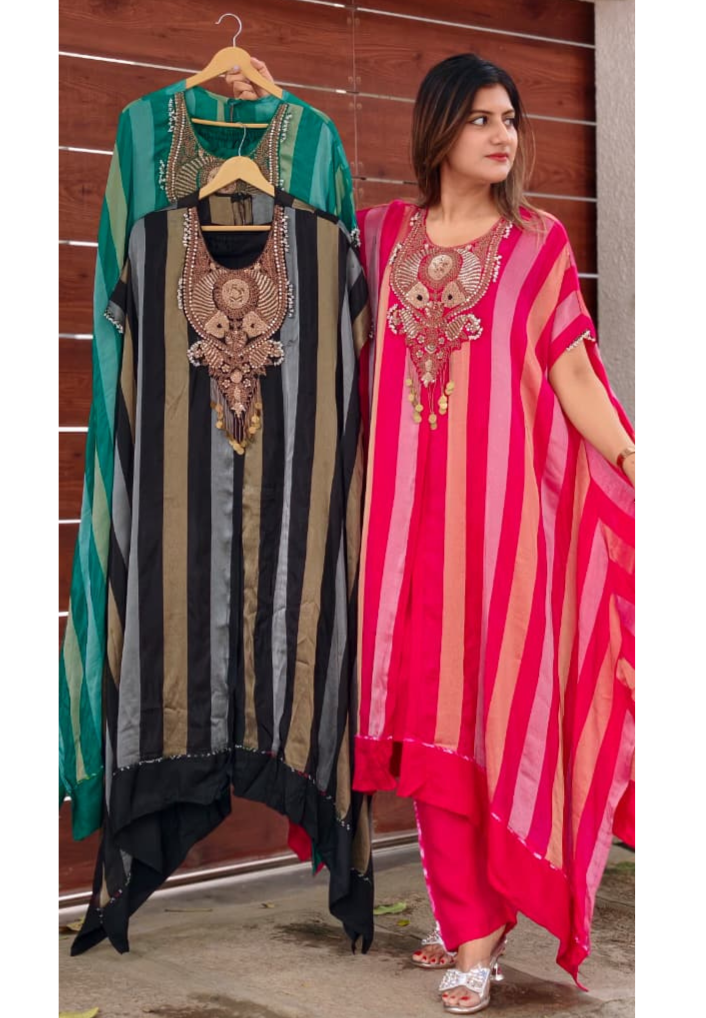 Zardozi Dabka Embroidery 3D textured Yoke Stripe Elegance Oversized Kaftan Style Outer With Separate Inner & Matching Bottom- 16013