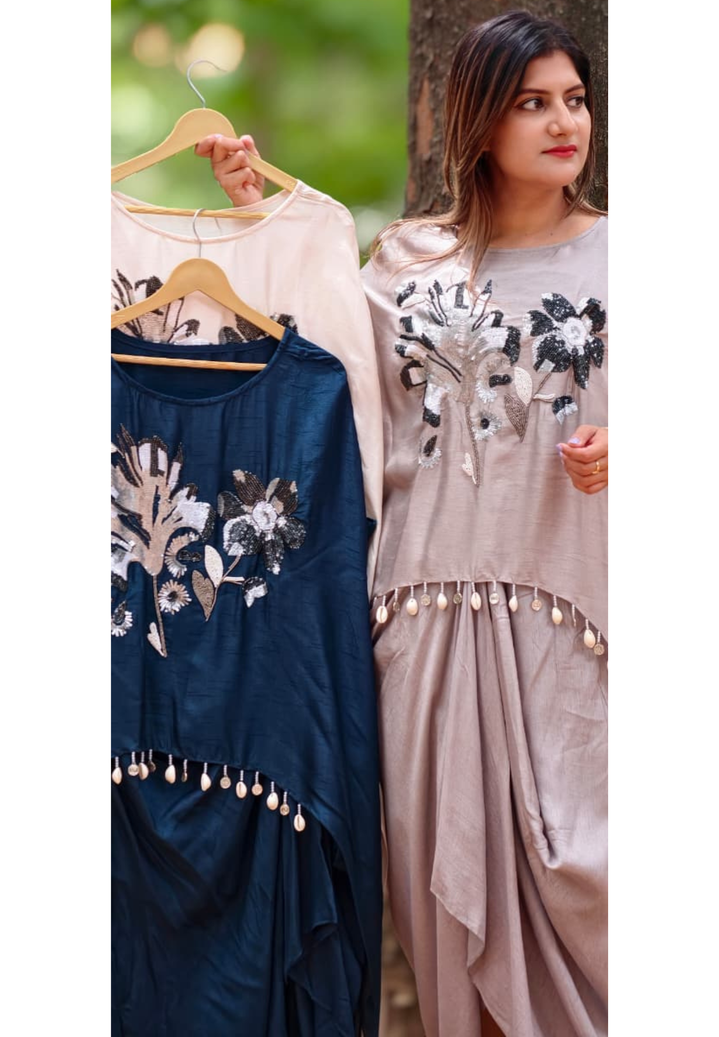 3D Floral Embroidery Marodi Work Kodi Tassel Accent High-Low Top With Matching Drape Skirt- 16010
