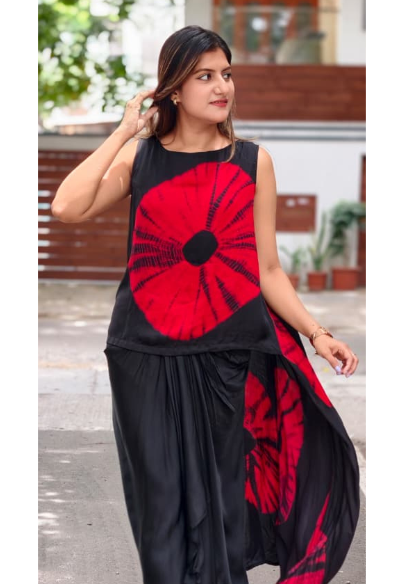 Tie-Dye Rounded Diagonal Patch Prints Dual Tone Sleeveless Flared Top With Matching Drape Skirt- 16009