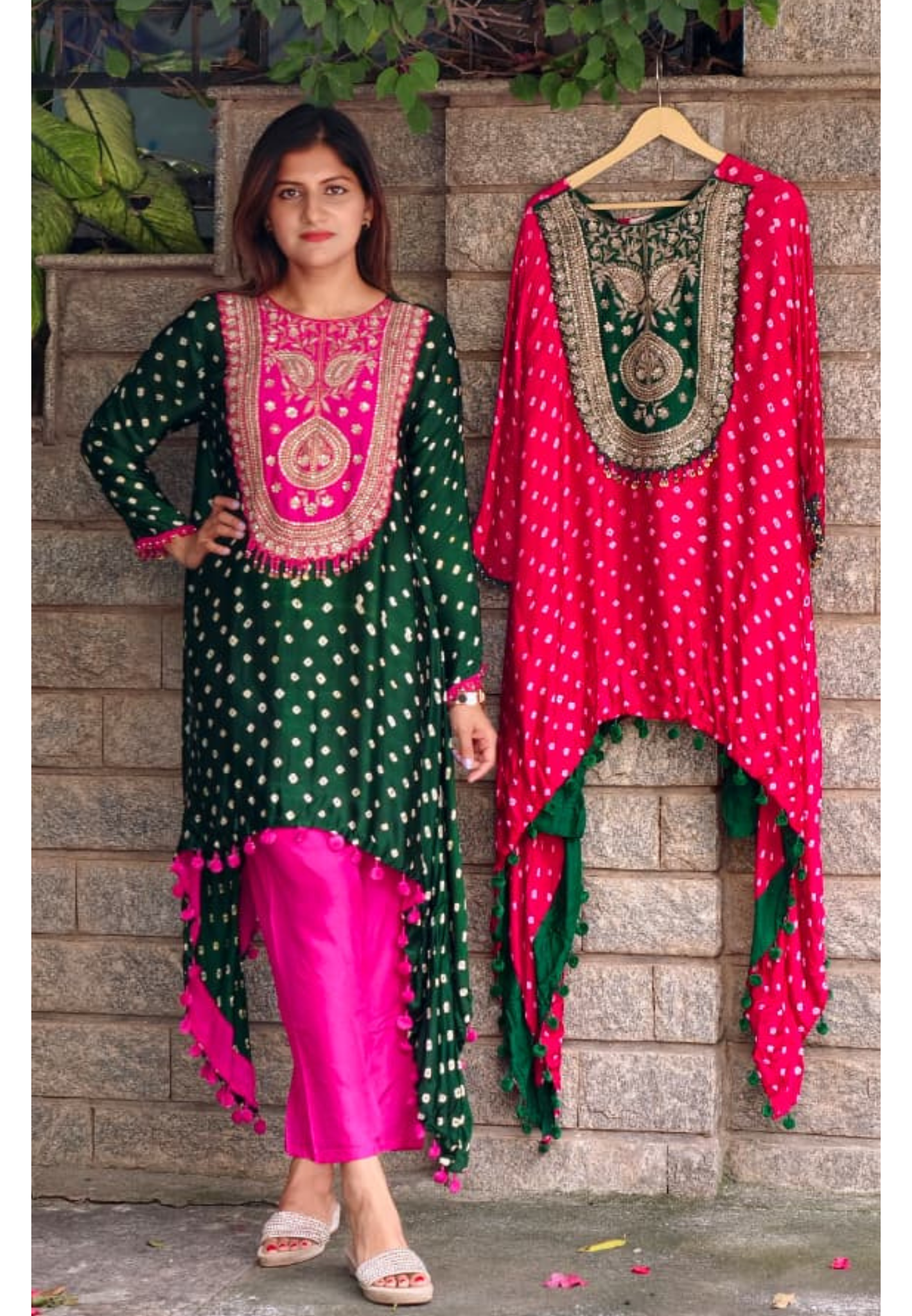 Rich Zardozi Yoke With Coin Latkan Accents Bandhej Printed High-Low Dual Tone Kurta With Solid Bottom- 16016