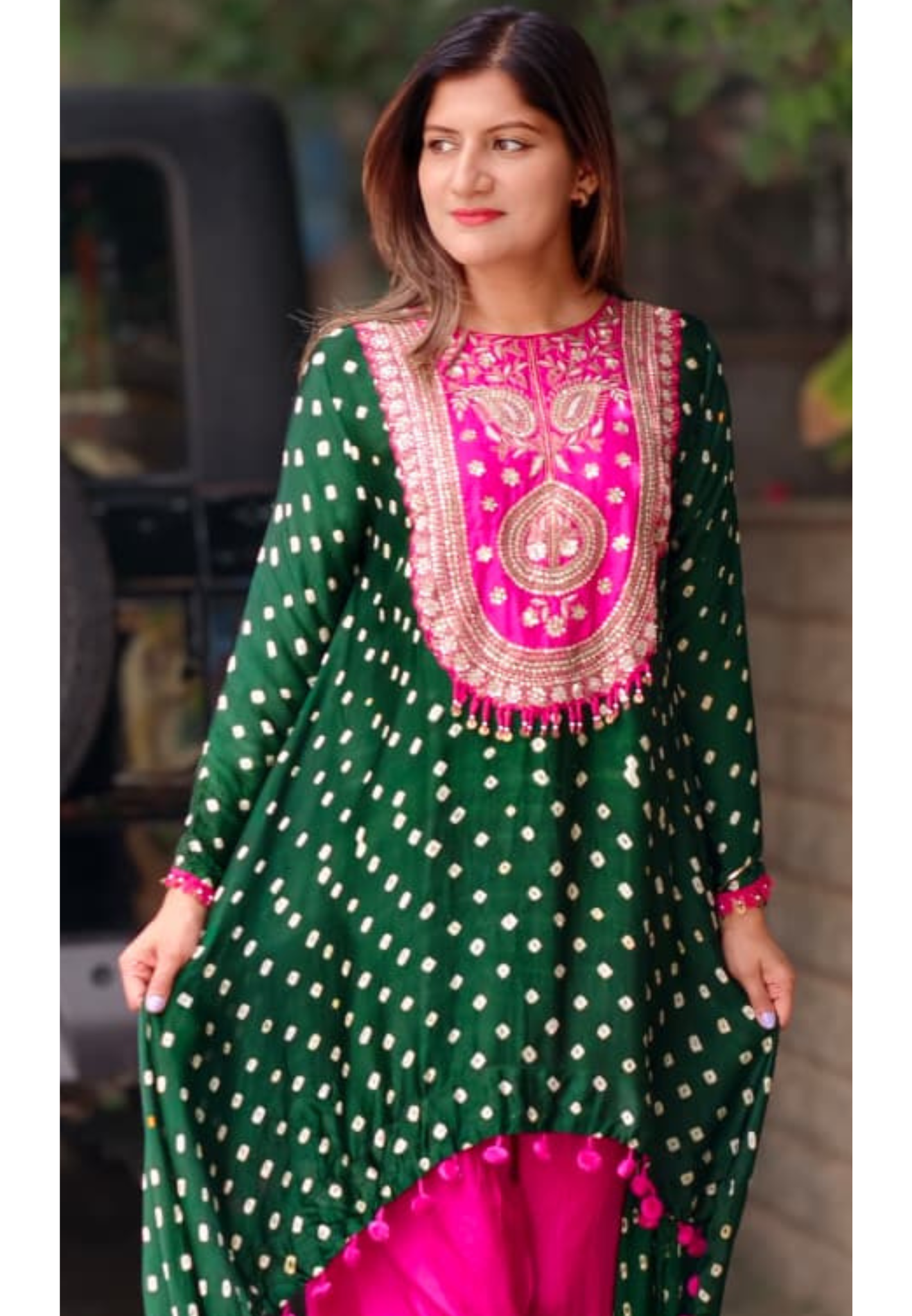 Rich Zardozi Yoke With Coin Latkan Accents Bandhej Printed High-Low Dual Tone Kurta With Solid Bottom- 16016