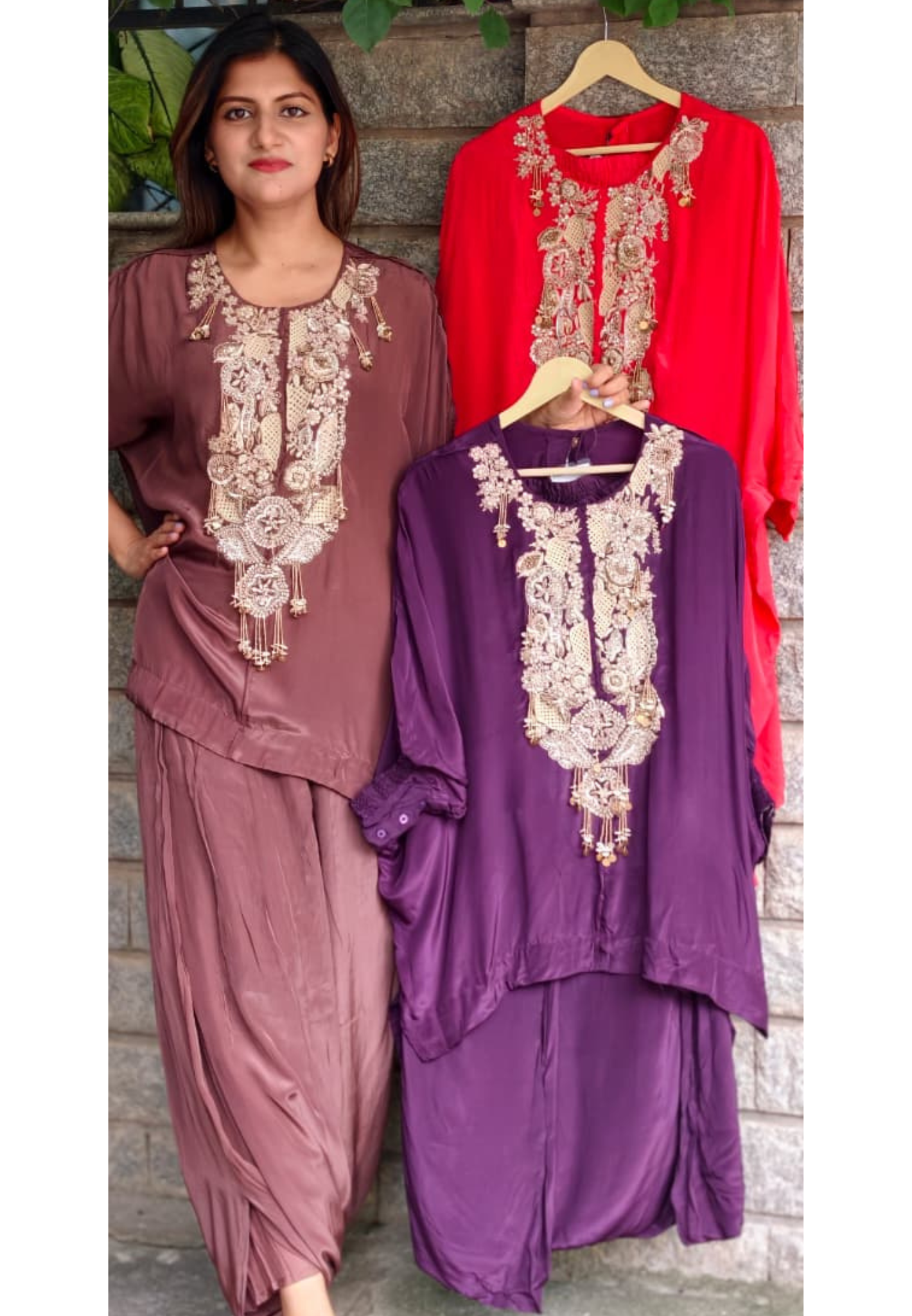 Traditional Indian Handwork Over Yoke Rich Tassel Accent Solid Tone Indo-Wear Top With Dhoti Style Bottom- 16014