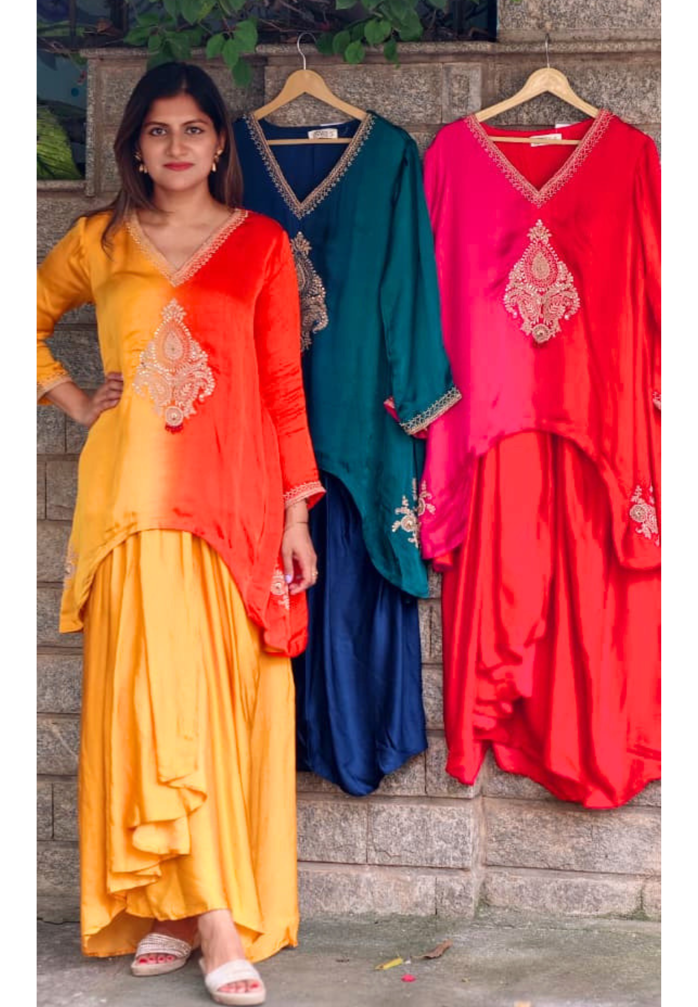 Fine Intricate Mango Buti Inspired Embroidery U-Cut High-Low Indo-Wear Ombre Top With Matching Solid Drape Matching Bottom- 16012