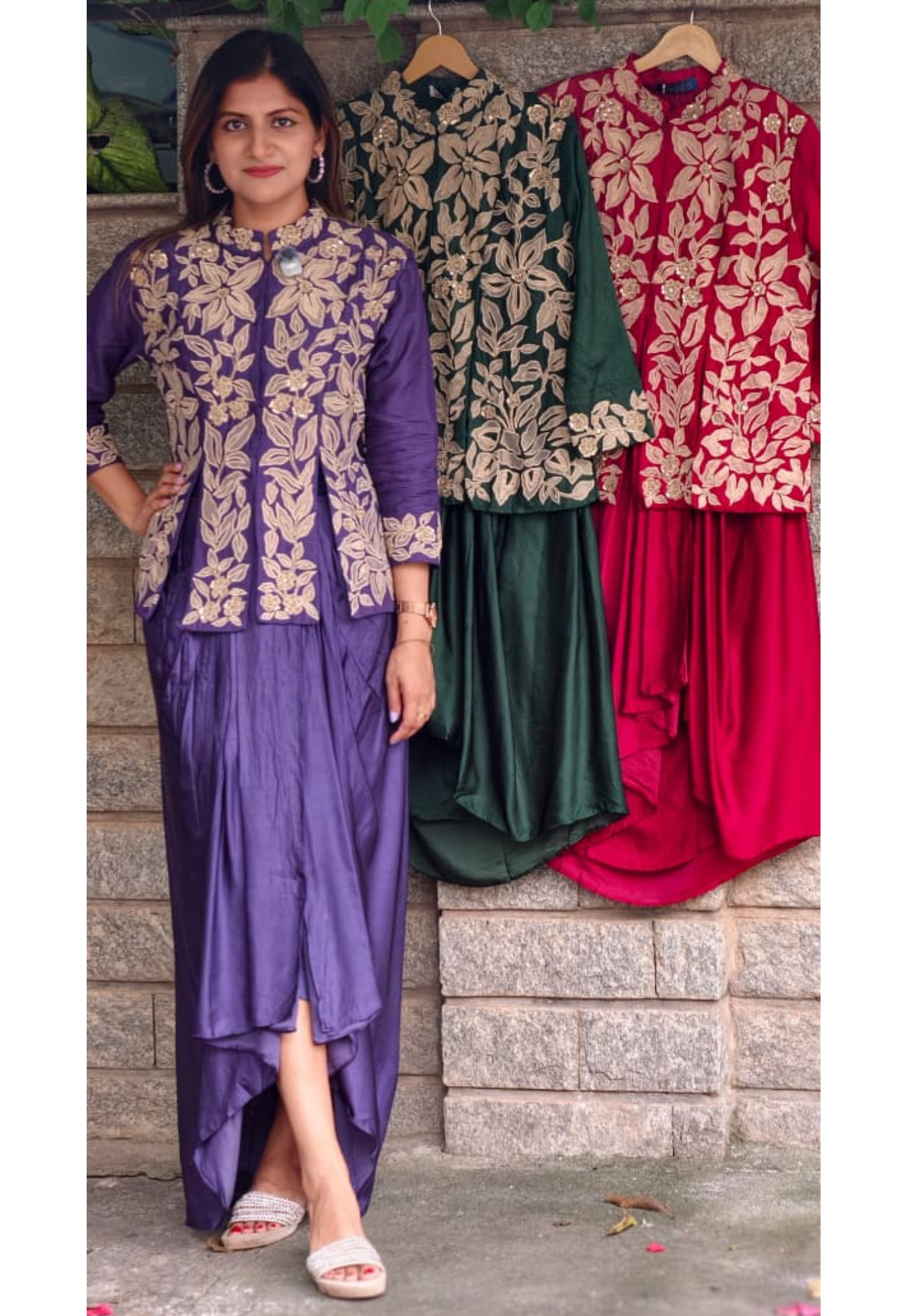 Petals Embroidered High-Neck Multiple Slitted Kurta With Drape Skirt Bottom Single Tone Indo-Wear- 16015