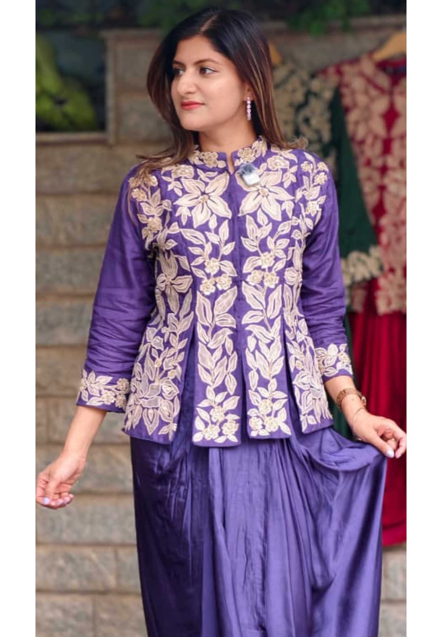 Petals Embroidered High-Neck Multiple Slitted Kurta With Drape Skirt Bottom Single Tone Indo-Wear- 16015