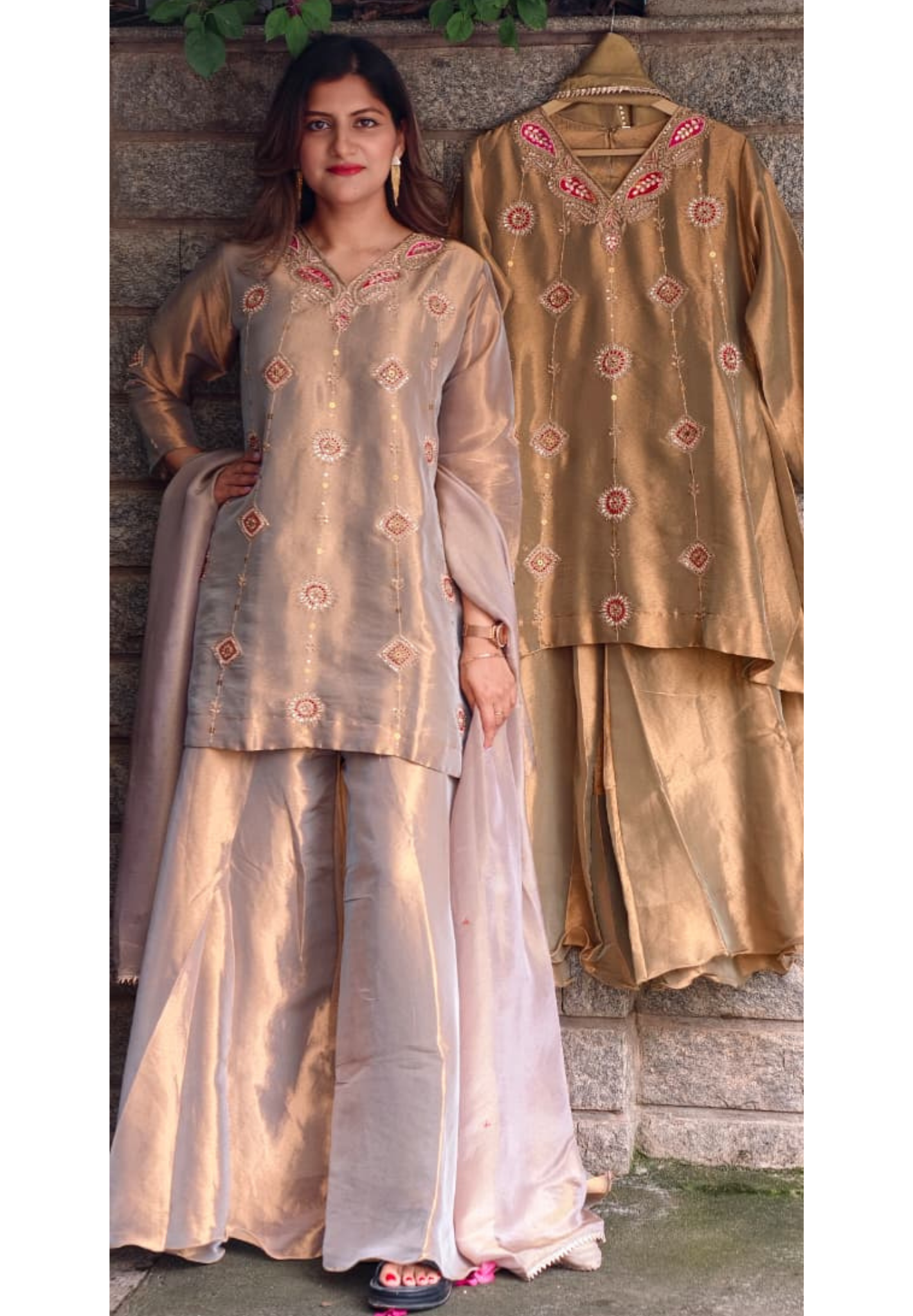 Antique Color Pallete Metallic Embroidery Short Length Kurti With Flared Palazzo Bottom & Matching Dupatta- 15864