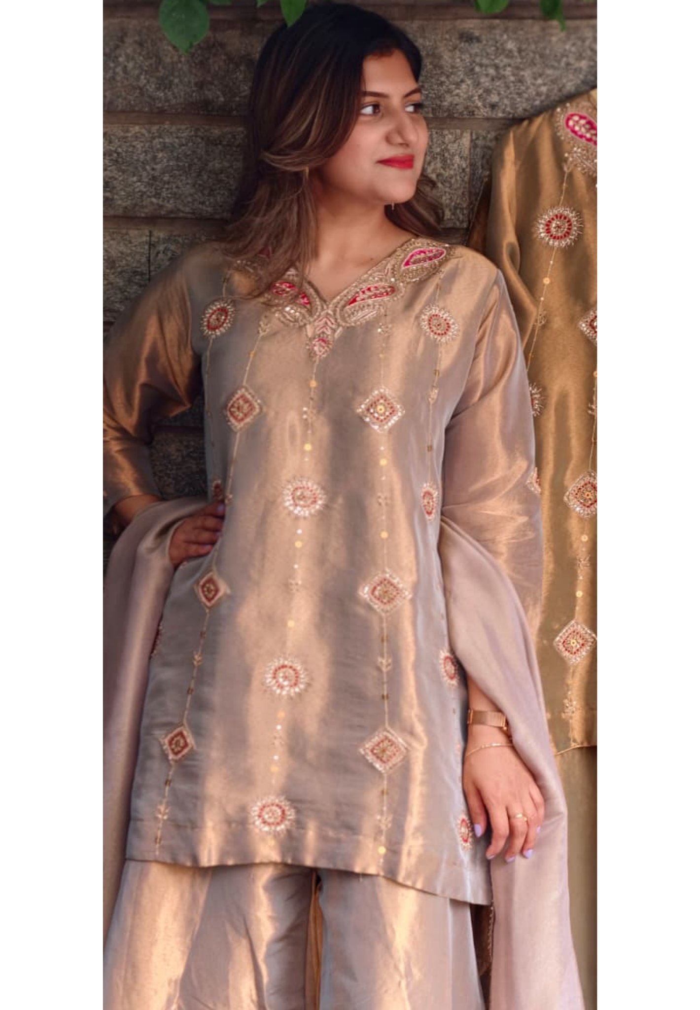 Antique Color Pallete Metallic Embroidery Short Length Kurti With Flared Palazzo Bottom & Matching Dupatta- 15864