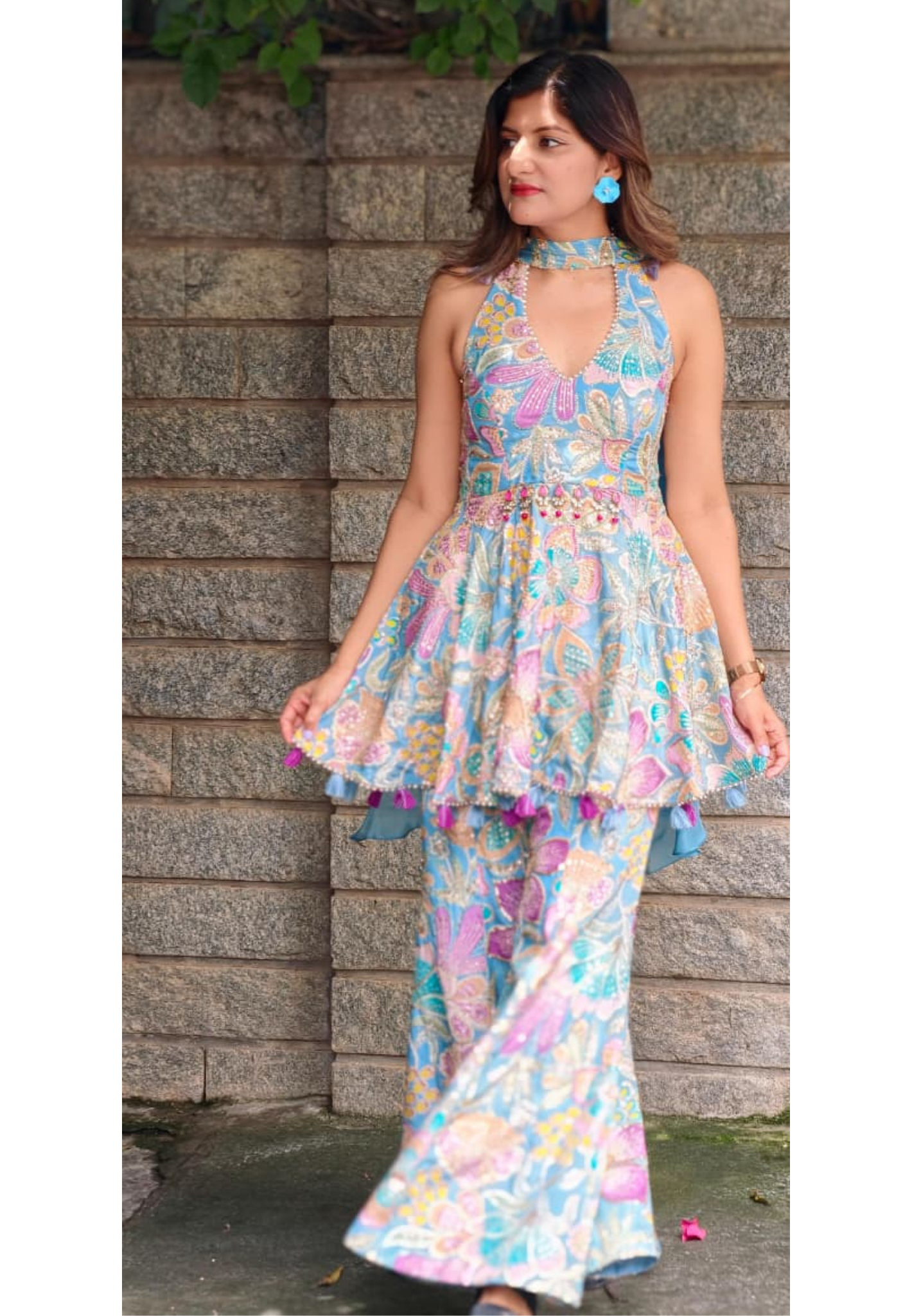 Shimmer Glance Multicolor Spring Floral Jewel Over Waist Haulter Peplum Kurta With Palazzo Bottom & Chowker Dupatta- 15008