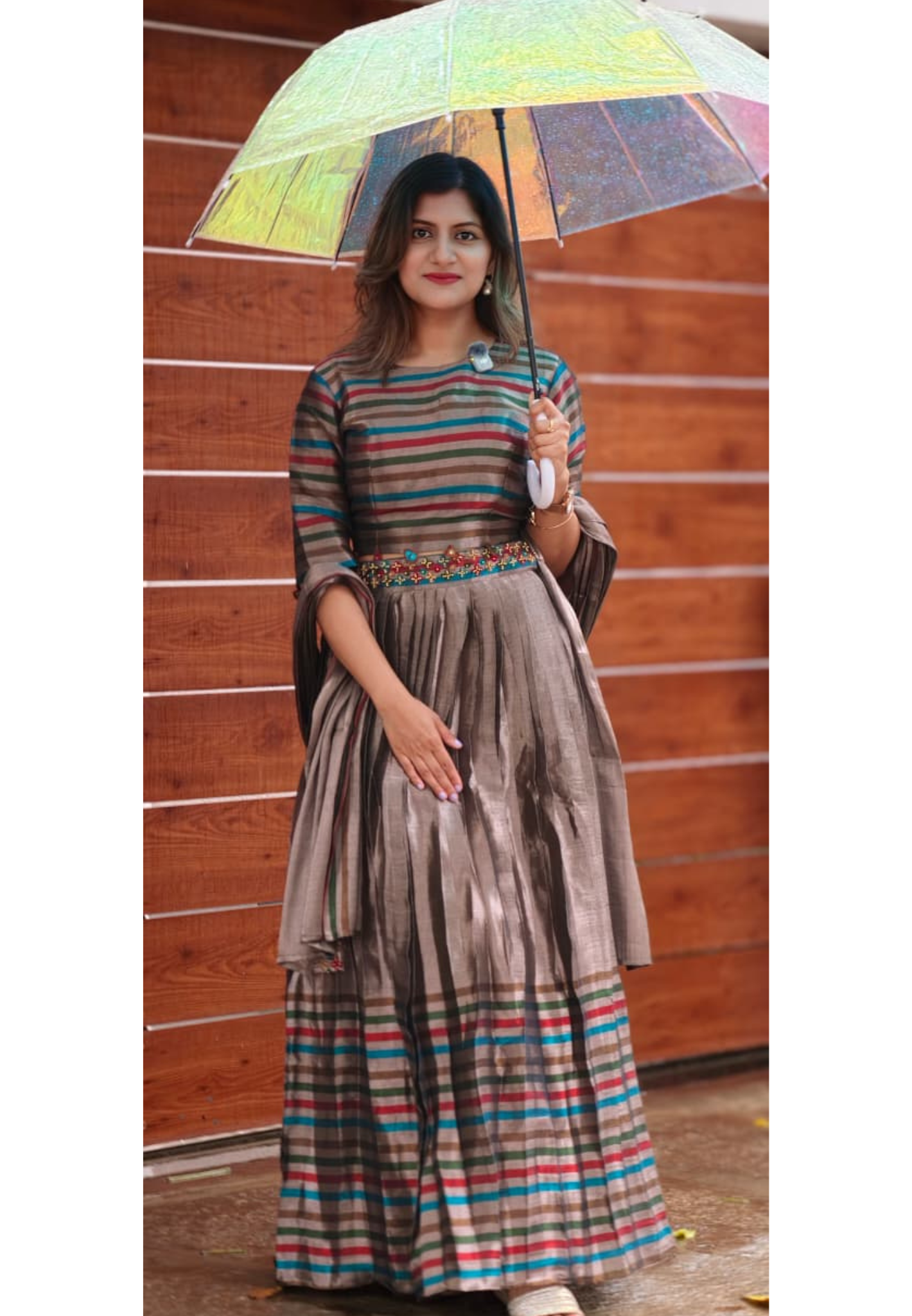 Tribal Inspired Metallic Multicolor Stripe Elegance Crop-Top With Belt Look Matching Skirt With Dupatta In Premium Tissue Fabric- 15321