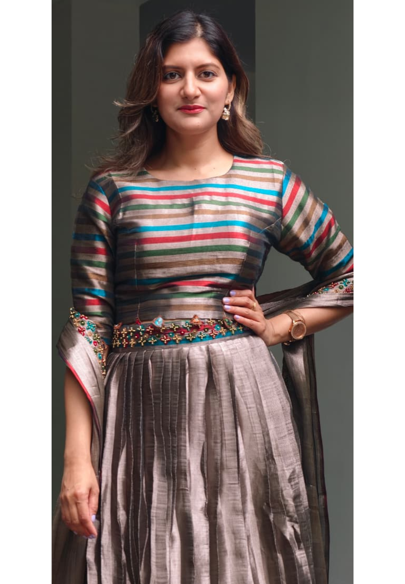 Tribal Inspired Metallic Multicolor Stripe Elegance Crop-Top With Belt Look Matching Skirt With Dupatta In Premium Tissue Fabric- 15321