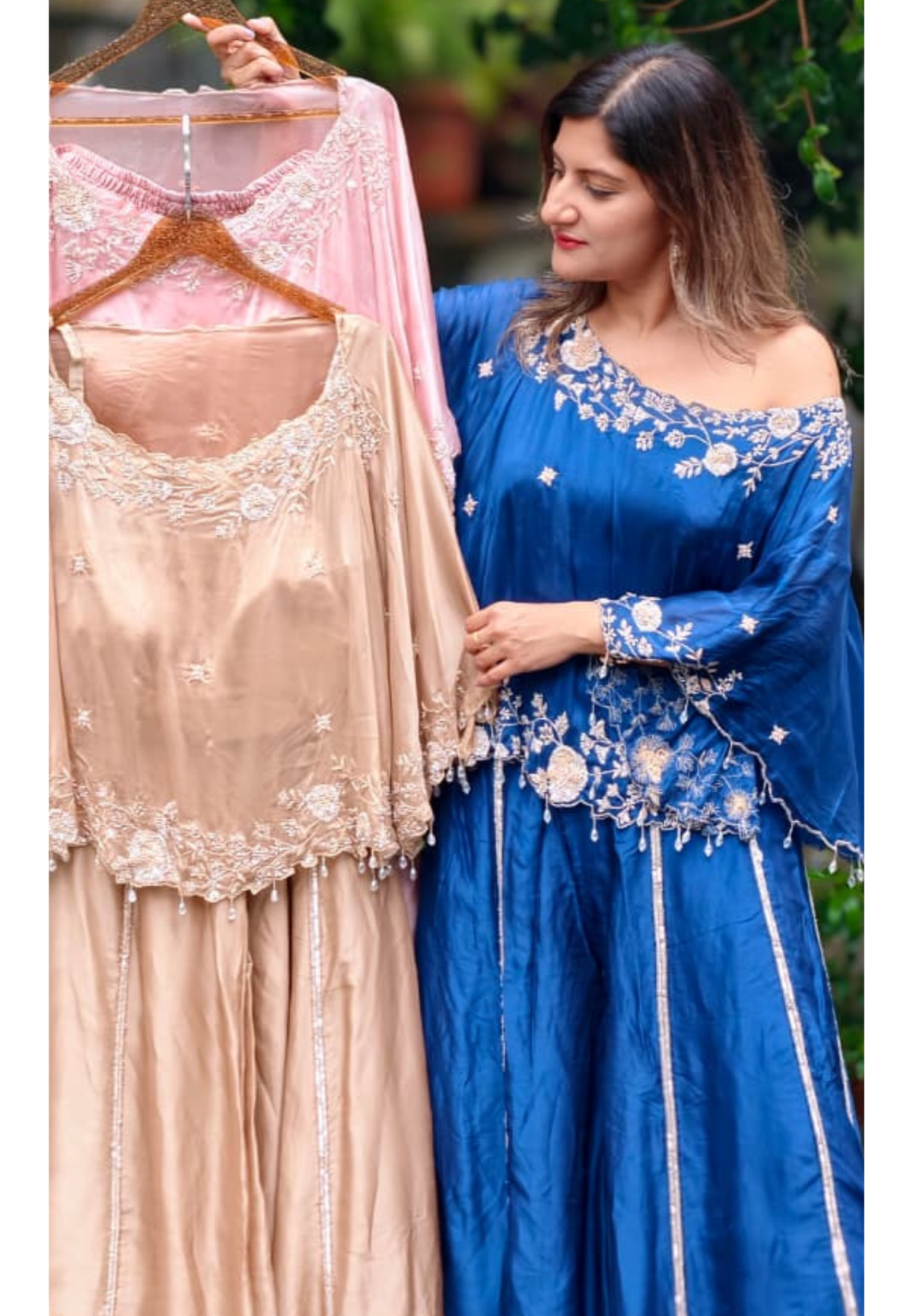 Premium Floral Hand Embroidery Crystal Tassel Accent One-Side Off Soulder Flowy Cape With Buster & Palazzo Bottom- 15976