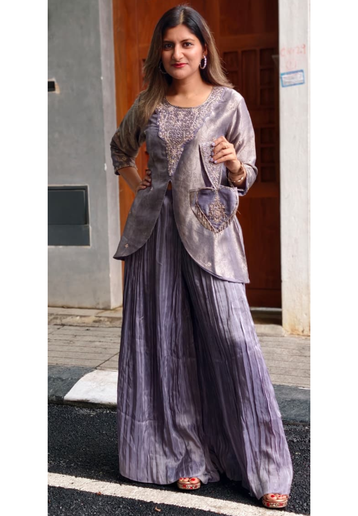 Premium Zardosi Dabka Golden Inticate Embroidered Yoke Front Slitted Kurta With Crush Palazzo Bottom & Love Shaped Tassel Potli- 15338