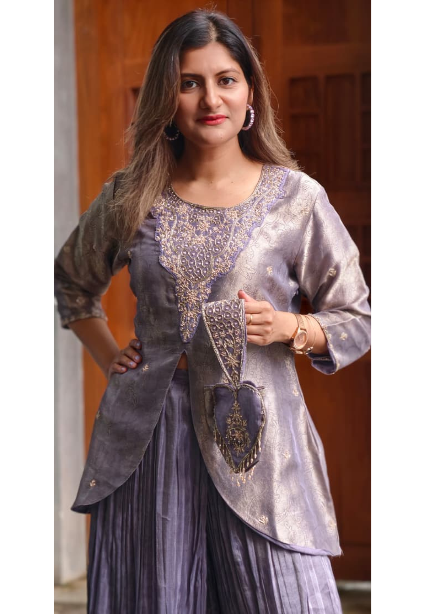 Premium Zardosi Dabka Golden Inticate Embroidered Yoke Front Slitted Kurta With Crush Palazzo Bottom & Love Shaped Tassel Potli- 15338