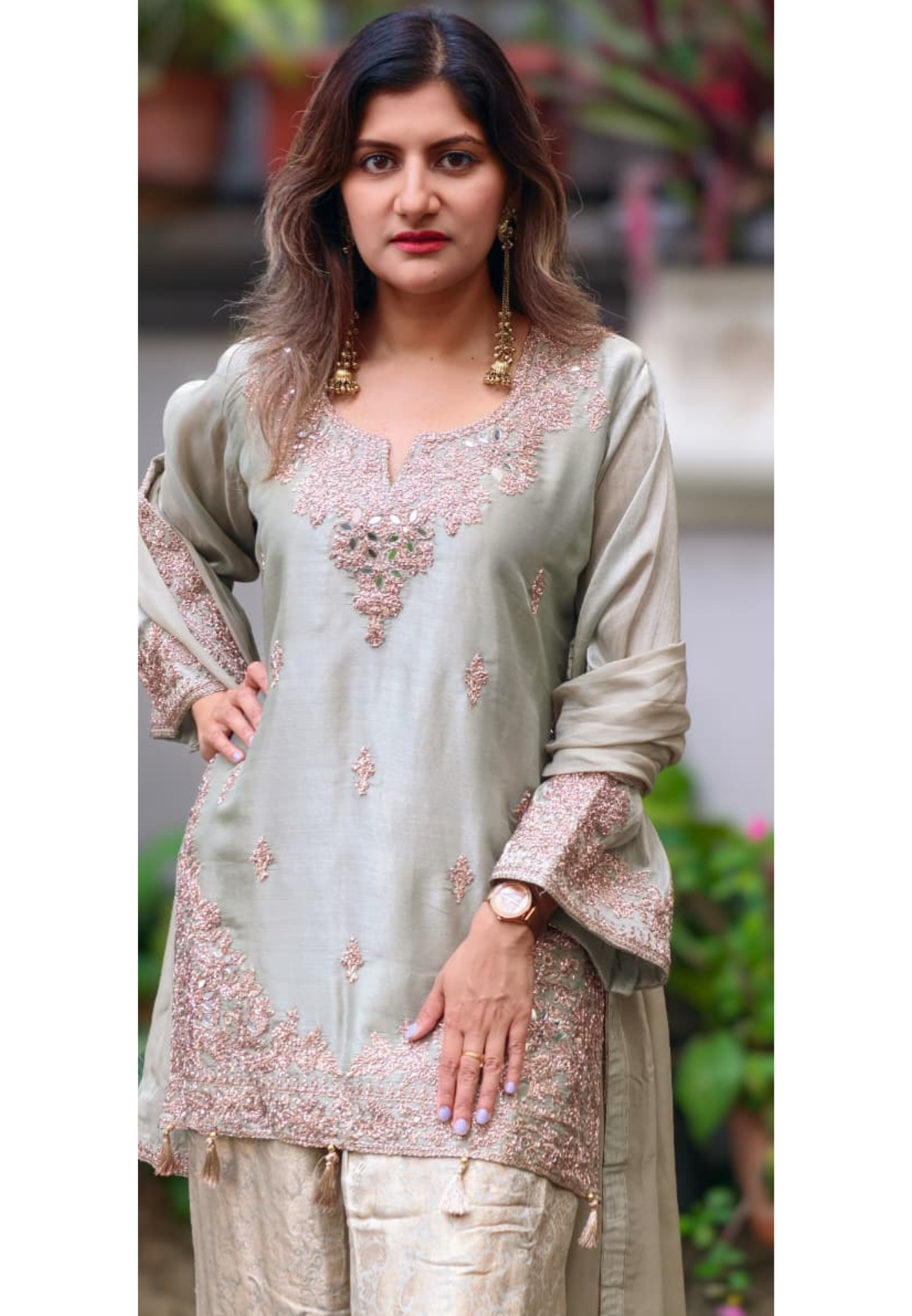 Real Mirror Fine Shimmer Intricate Embroidery Latkan Accent Kurta With Farshi Salwar & Dupatta- 16020