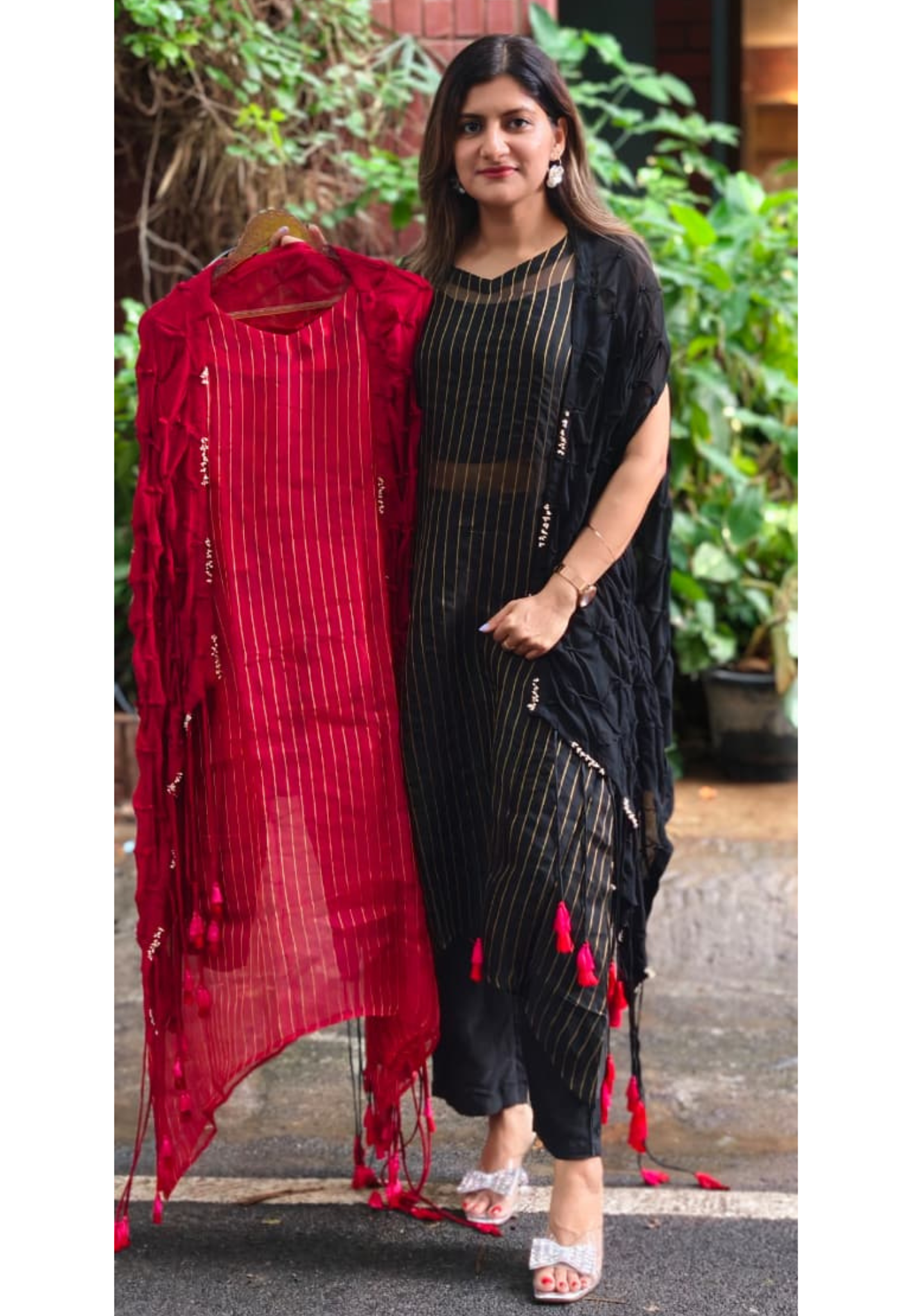 Pin-Tucks Tiny Highlights Red Boho Tassel Accent Outer With Crop Top & Straight Solid Bottom- 15430