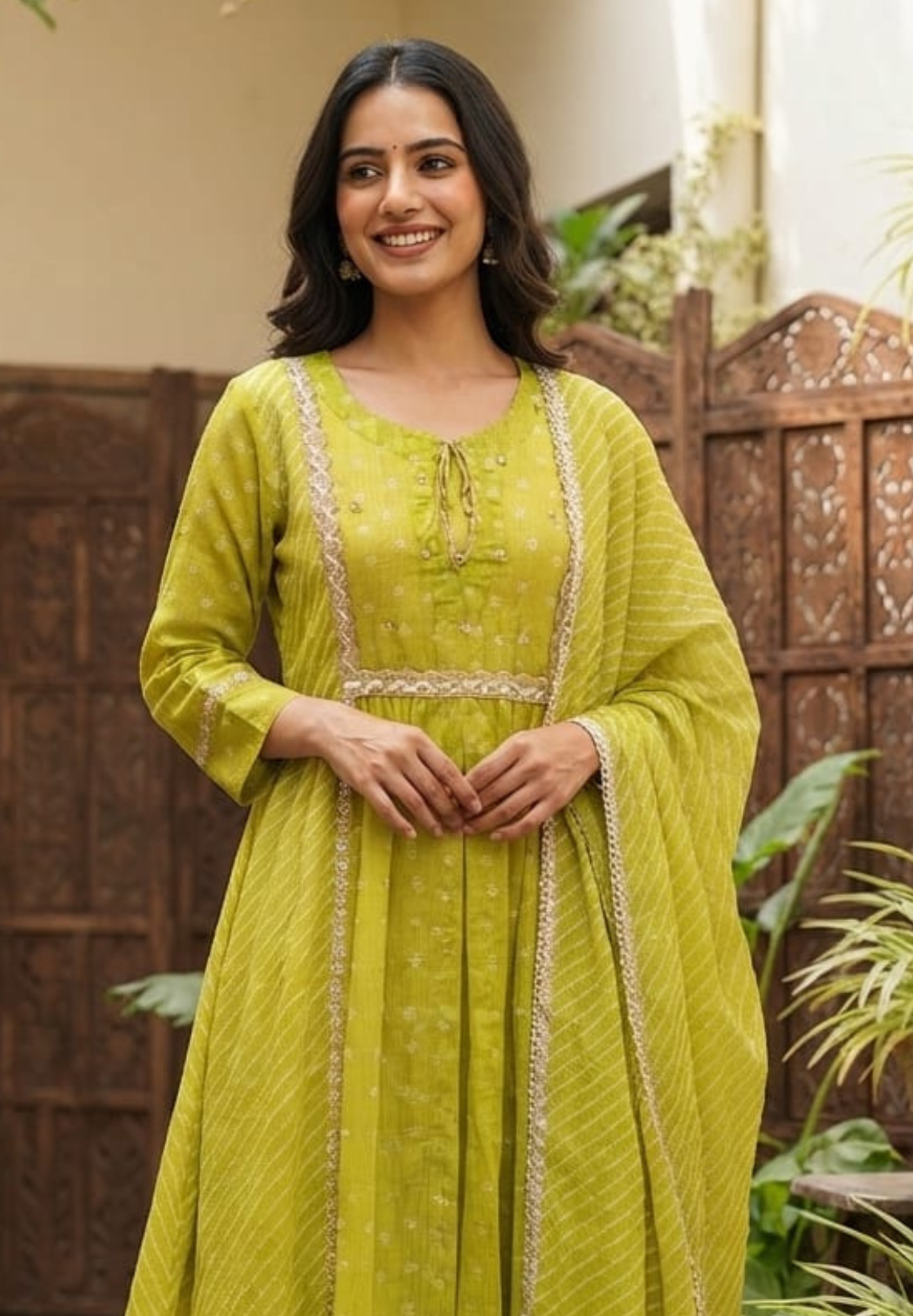 Parrot Inspired Shade Shimmer Border Highlights Leher Panel Checks Kora Cotton A-line Full Suit Set With Dupatta- 15986