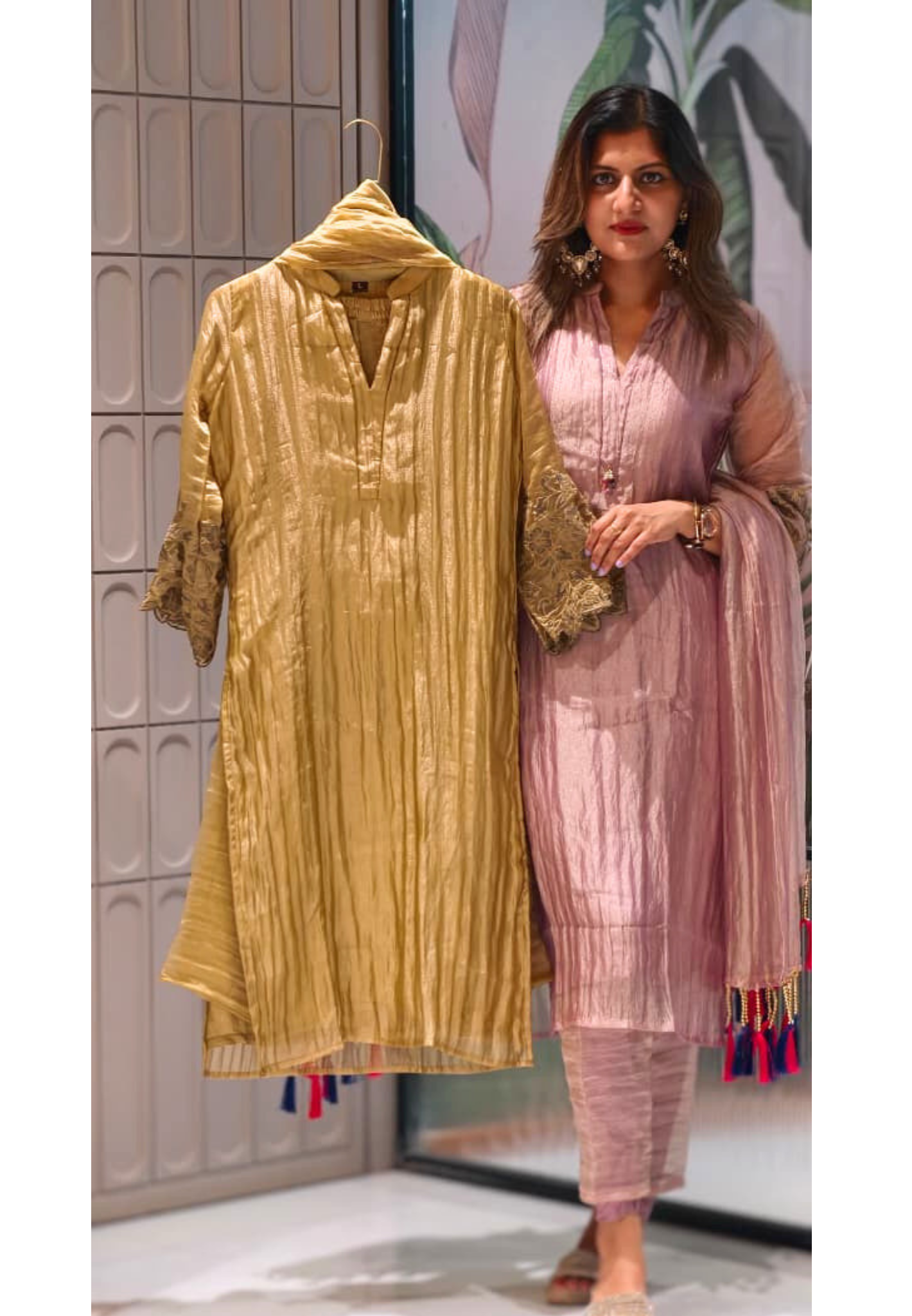 Premium Crush Tissue Embroideries Over Sleeve & Latkan Accent Straight Full Suit Set With Dupatta- 15707