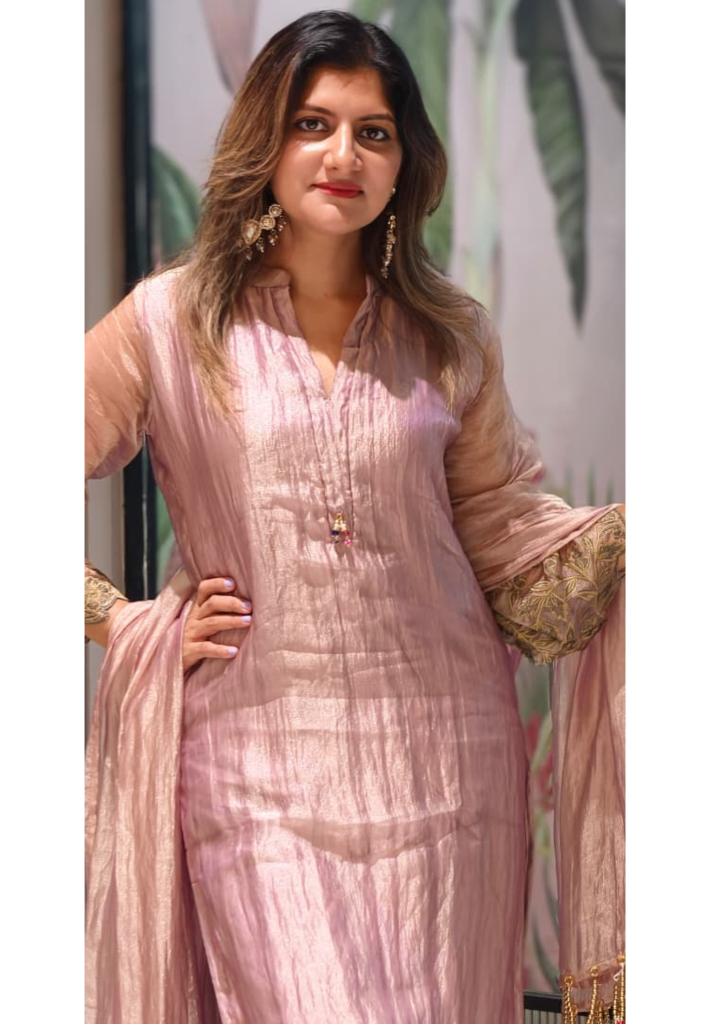 Premium Crush Tissue Embroideries Over Sleeve & Latkan Accent Straight Full Suit Set With Dupatta- 15707
