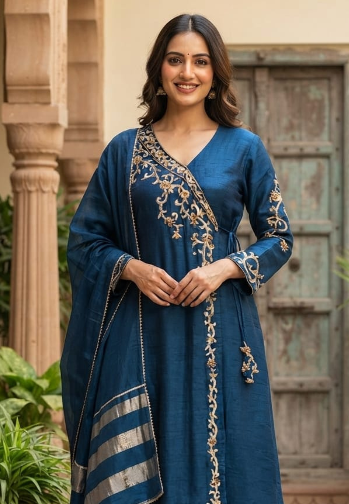 Royal Navy Blue Hand-Embroidered Branch Tail Angrakha Side Knotted Russian Silk A-Line Full Suit Set With Dupatta- 15990