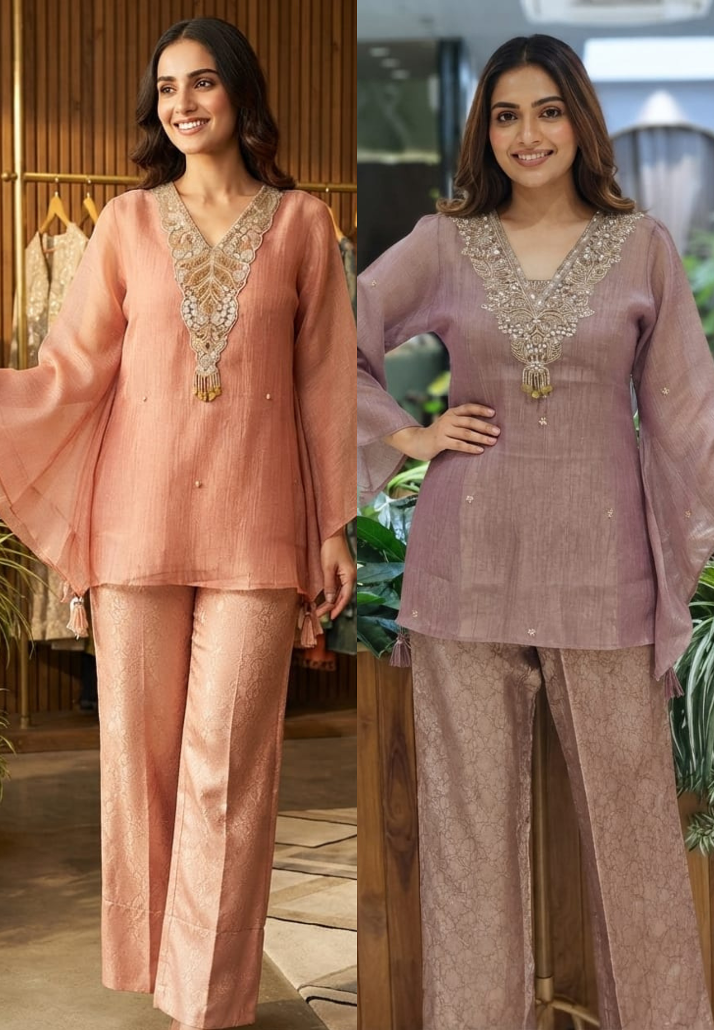 Intricate Beads With Cut-Dana Embroidered Neckline Crush Tissue Kaftan Style Sleeve Co-Ord Set With Brocade Bottom- 15967