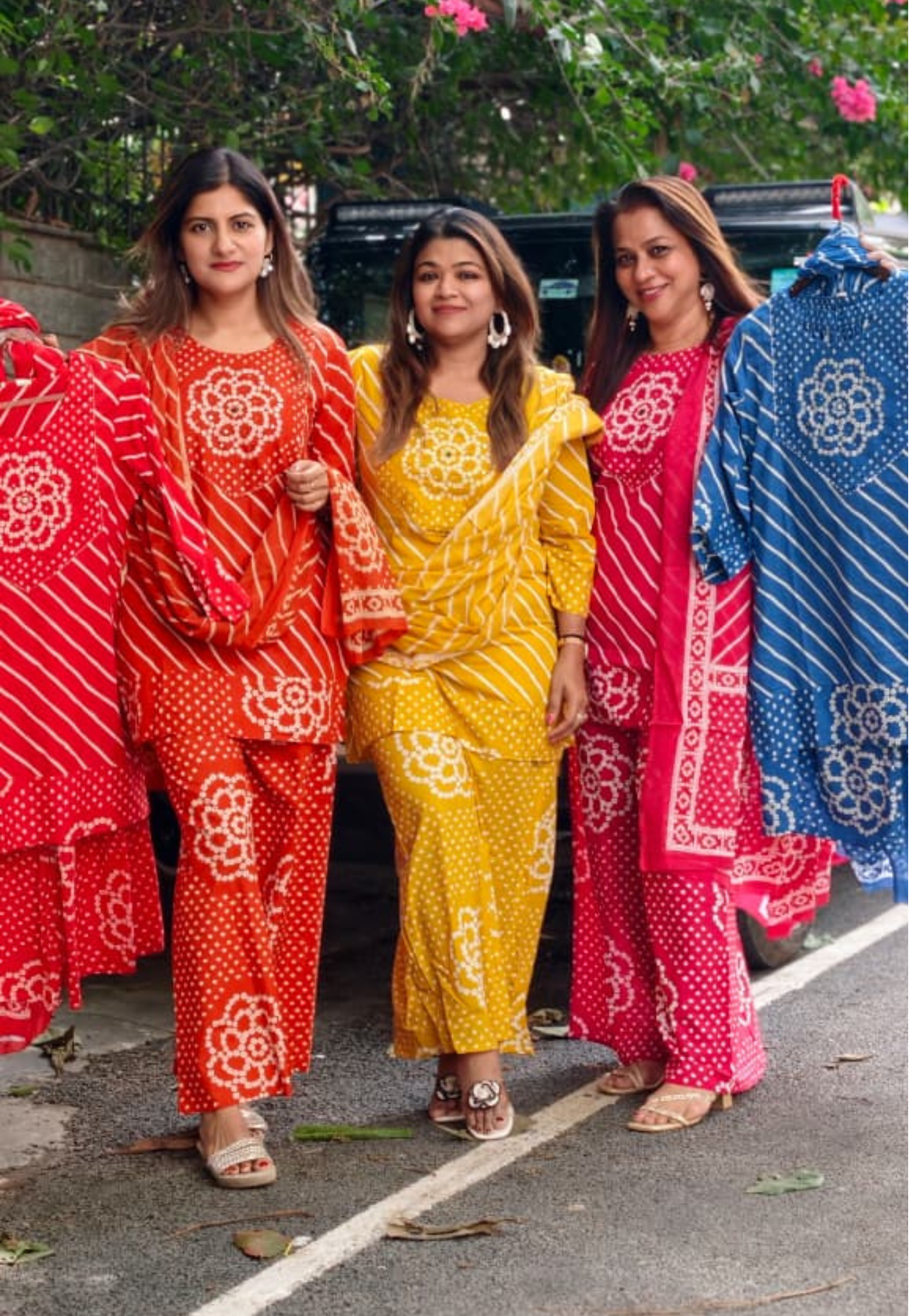 Floral Yoke Bandhej With Leheriya Print Short Length Kurta Full Suit Set With Loose Bottom & Dupatta In Cotton Fabric- 15833 (Lean Fit)