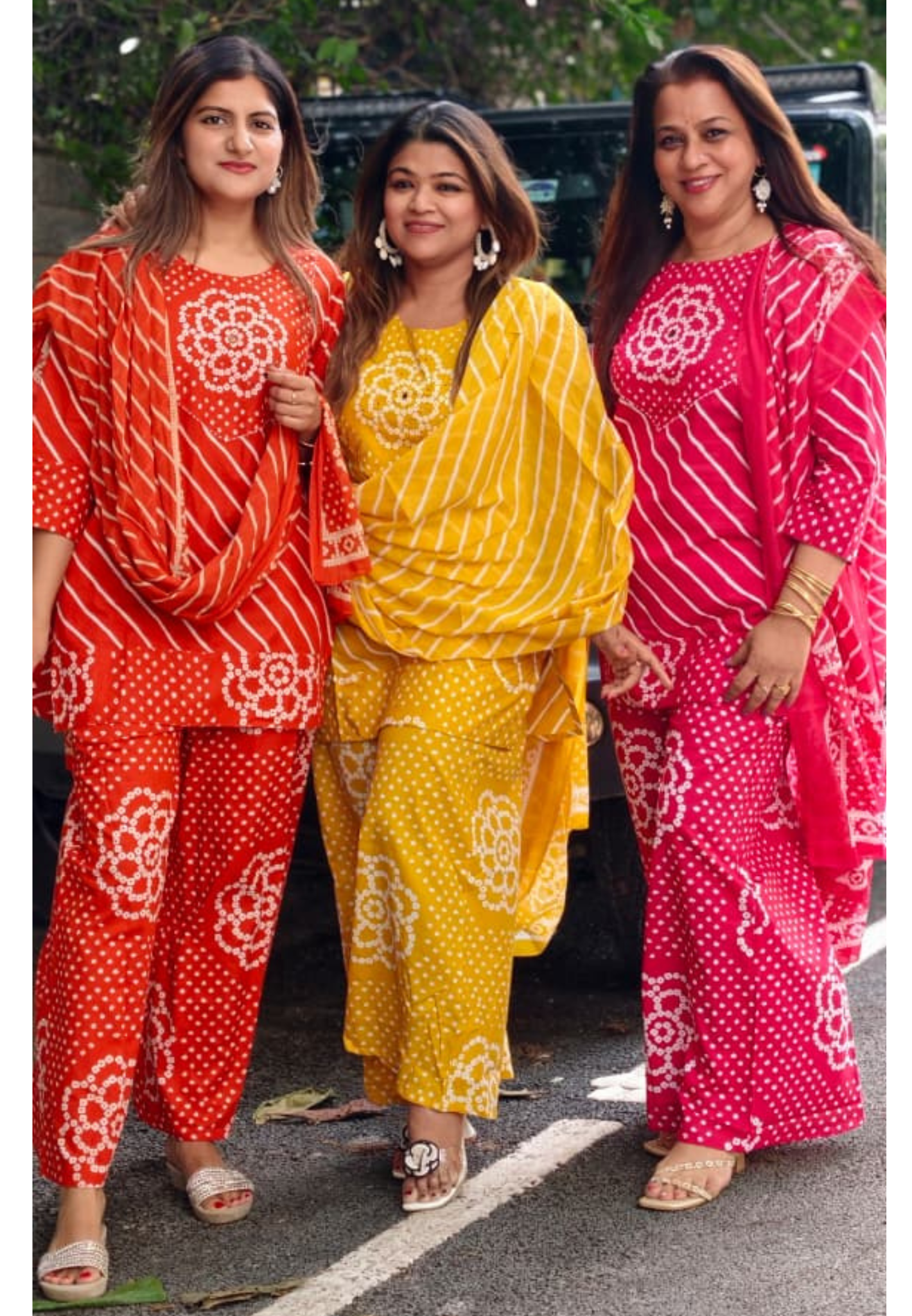 Floral Yoke Bandhej With Leheriya Print Short Length Kurta Full Suit Set With Loose Bottom & Dupatta In Cotton Fabric- 15833 (Lean Fit)