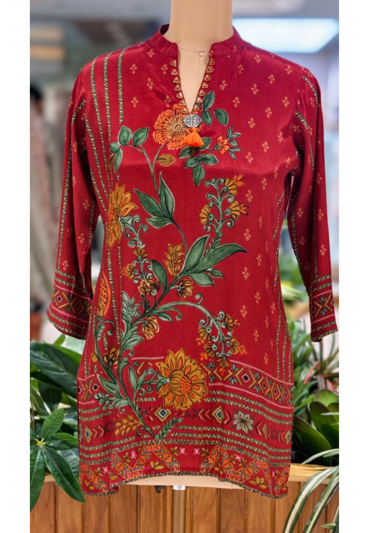 Rust-Red Kalamkari Floral Vine Bel Print Muslin Kurti Only- 16031