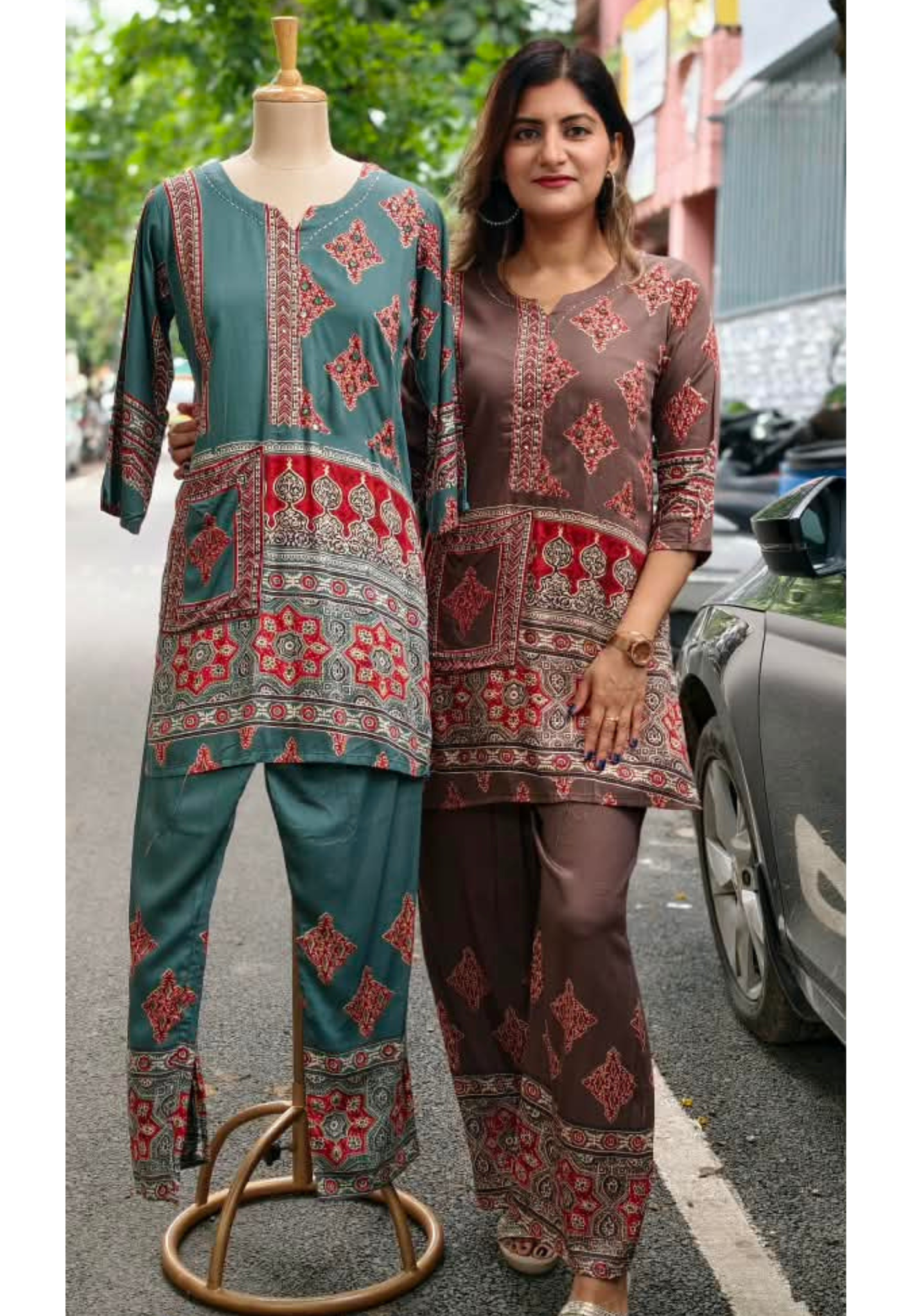 Rich Kalamkari With Assymmetrical Prints Multi Shades Slub Cotton Co-Ord Set- 15808