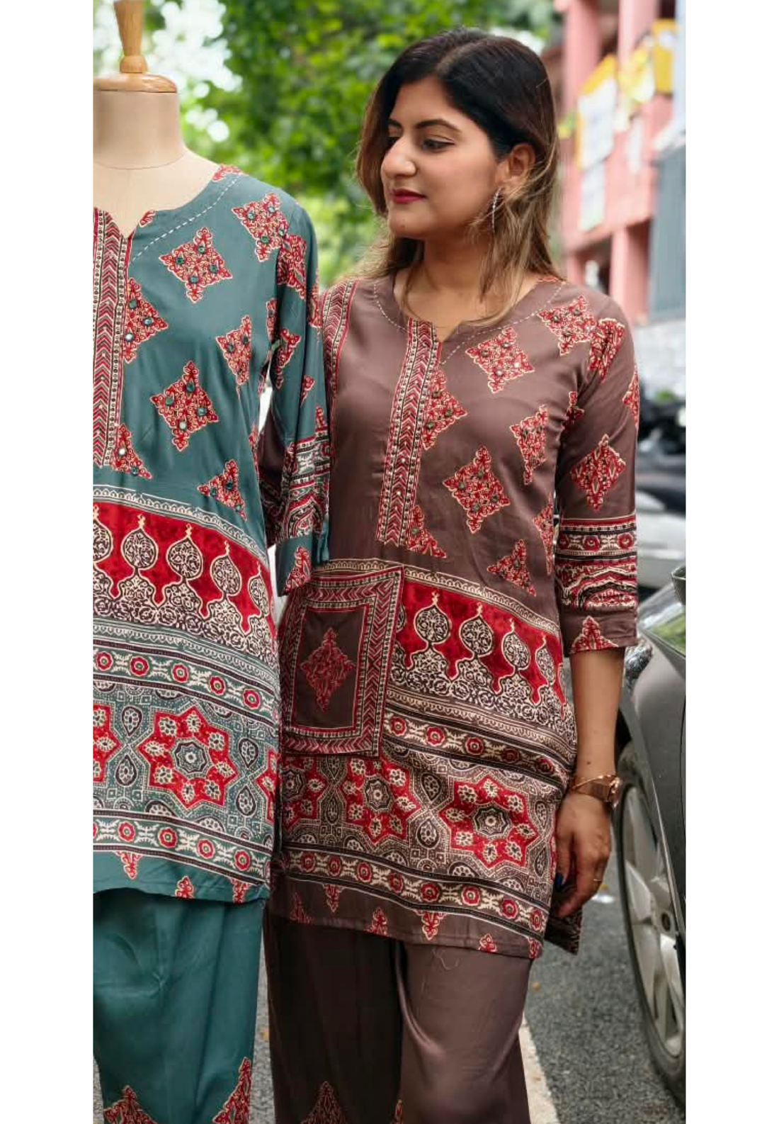 Rich Kalamkari With Assymmetrical Prints Multi Shades Slub Cotton Co-Ord Set- 15810 (Lean Fit)