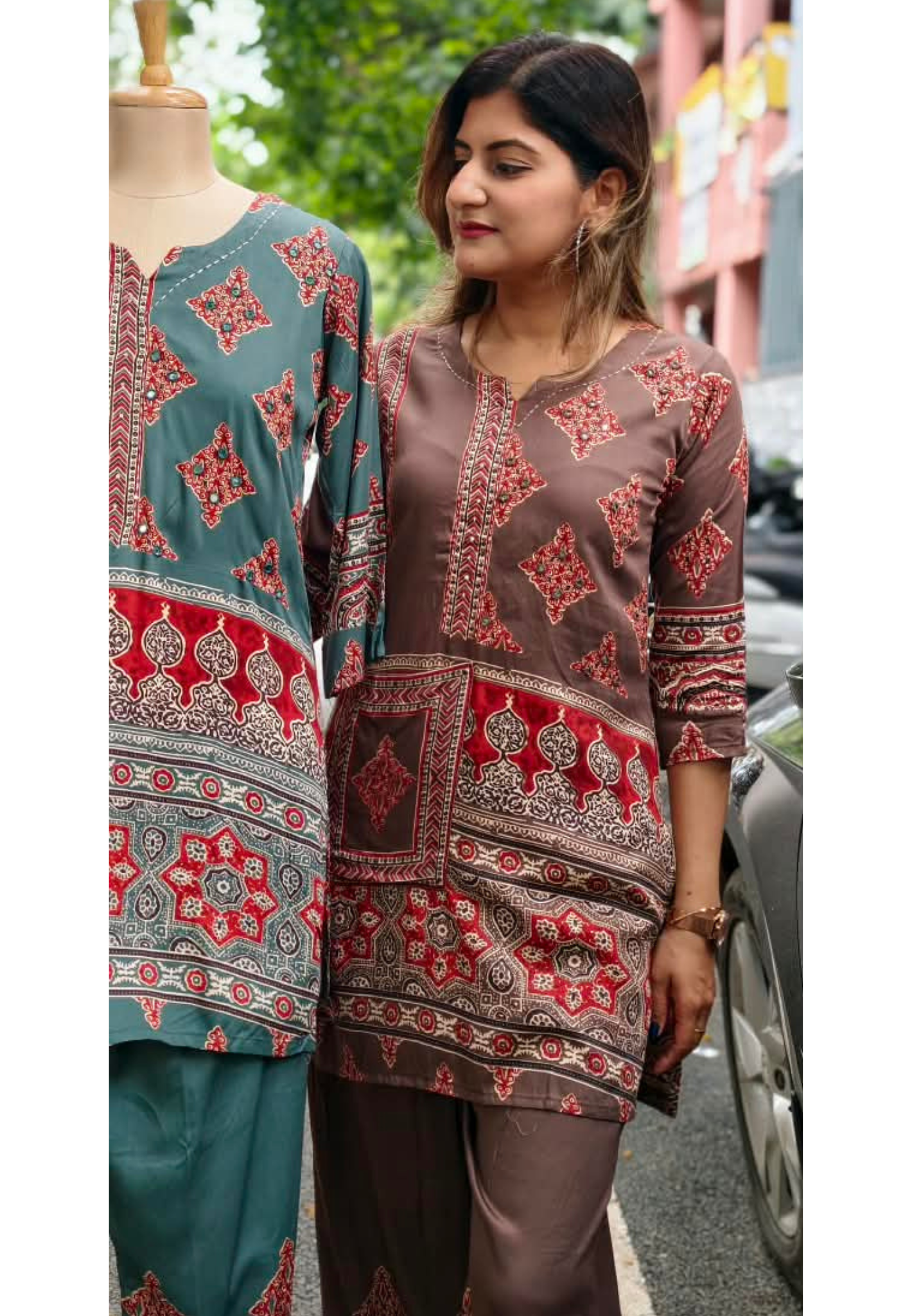 Rich Kalamkari With Assymmetrical Prints Multi Shades Slub Cotton Co-Ord Set- 15808