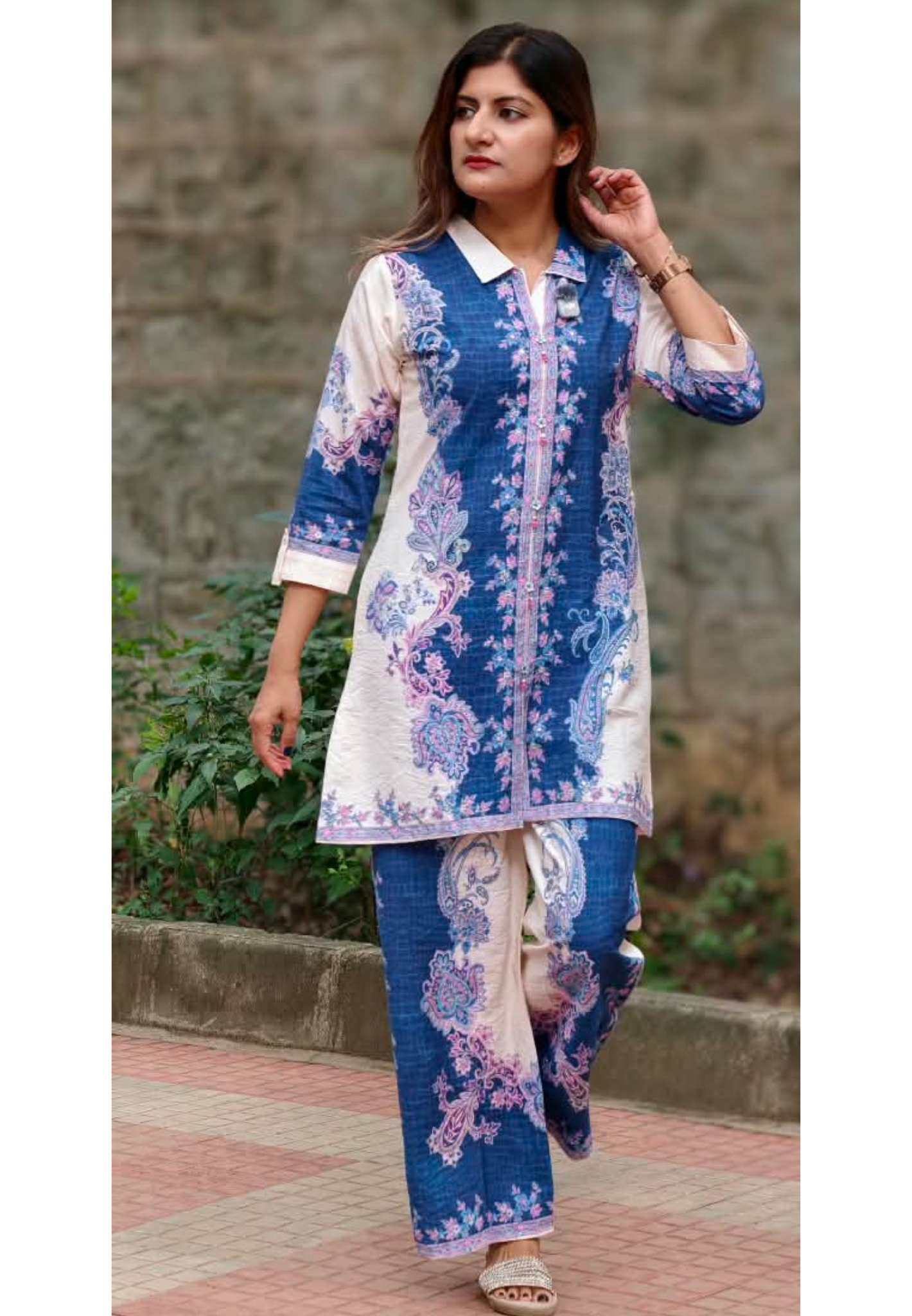 Vibrant Blue With Graceful White Digital Prints Viscose Co-Ord Set- 16001 (Lean Fit)