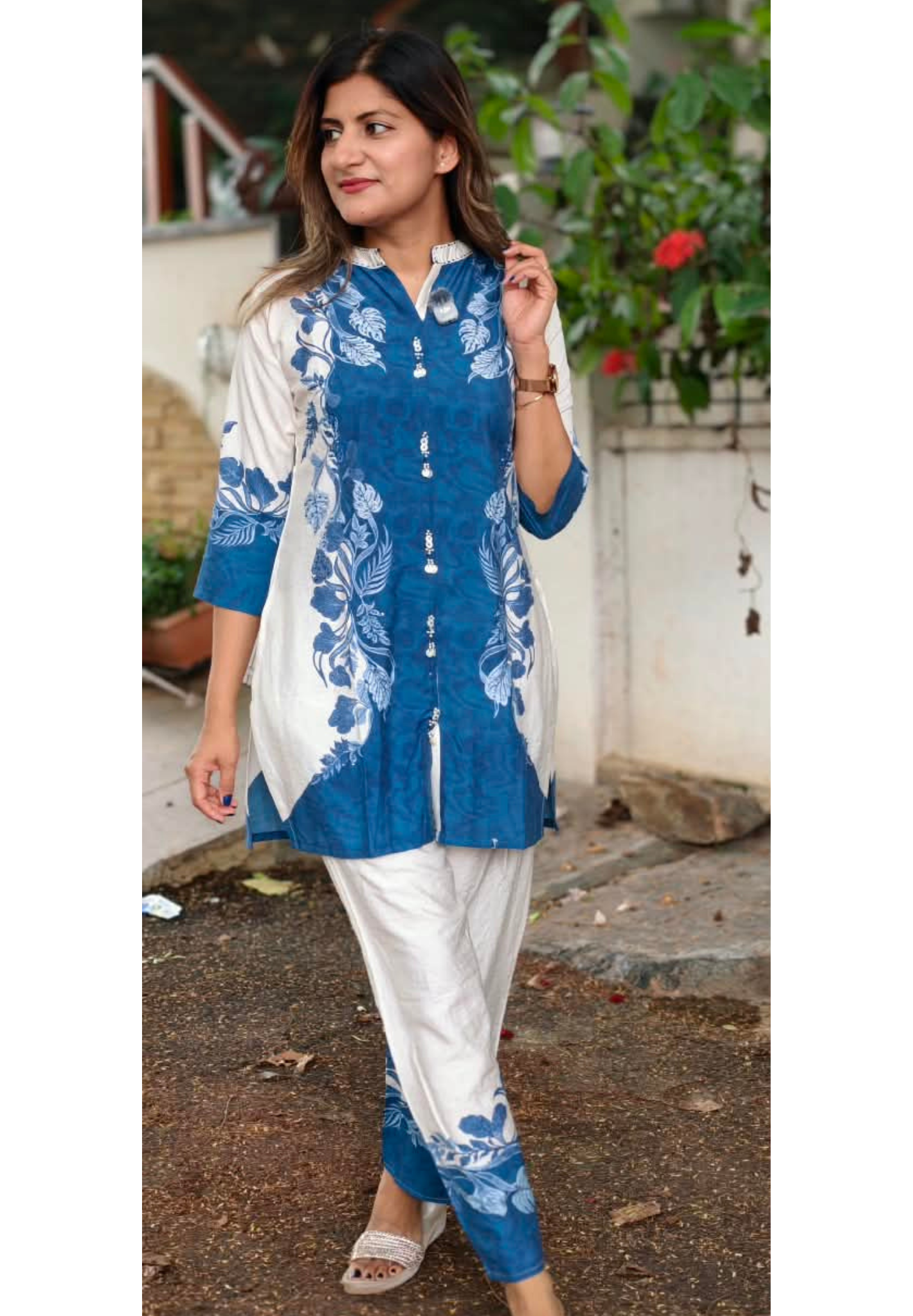 Vibrant Blue With Graceful White Digital Prints Viscose Co-Ord Set- 16001 (Lean Fit)