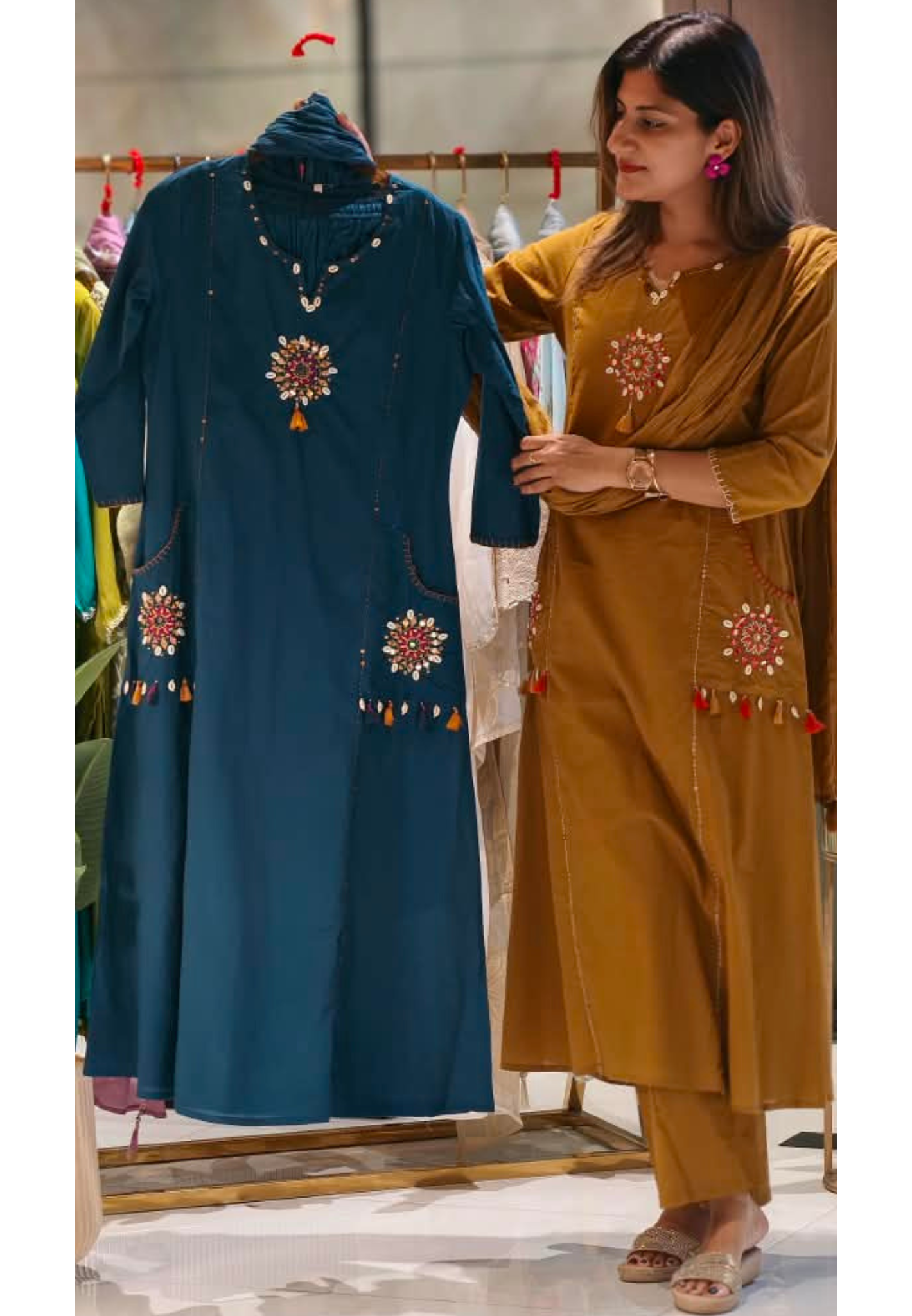 Kodi Shell Accent Pocket Style A-Line Full Suit Set With Dupatta In Cotton Fabric- 15777