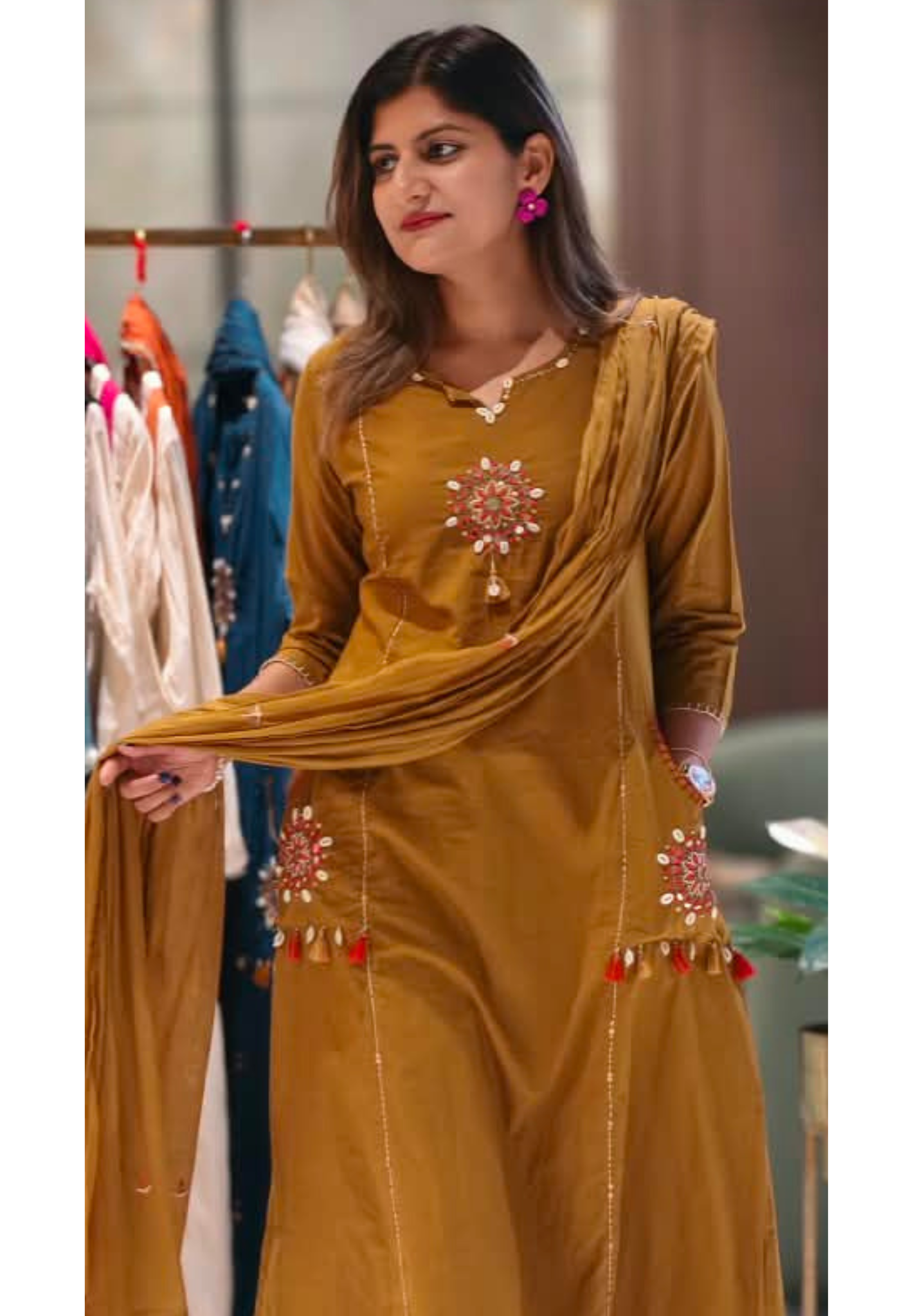 Kodi Shell Accent Pocket Style A-Line Full Suit Set With Dupatta In Cotton Fabric- 15777