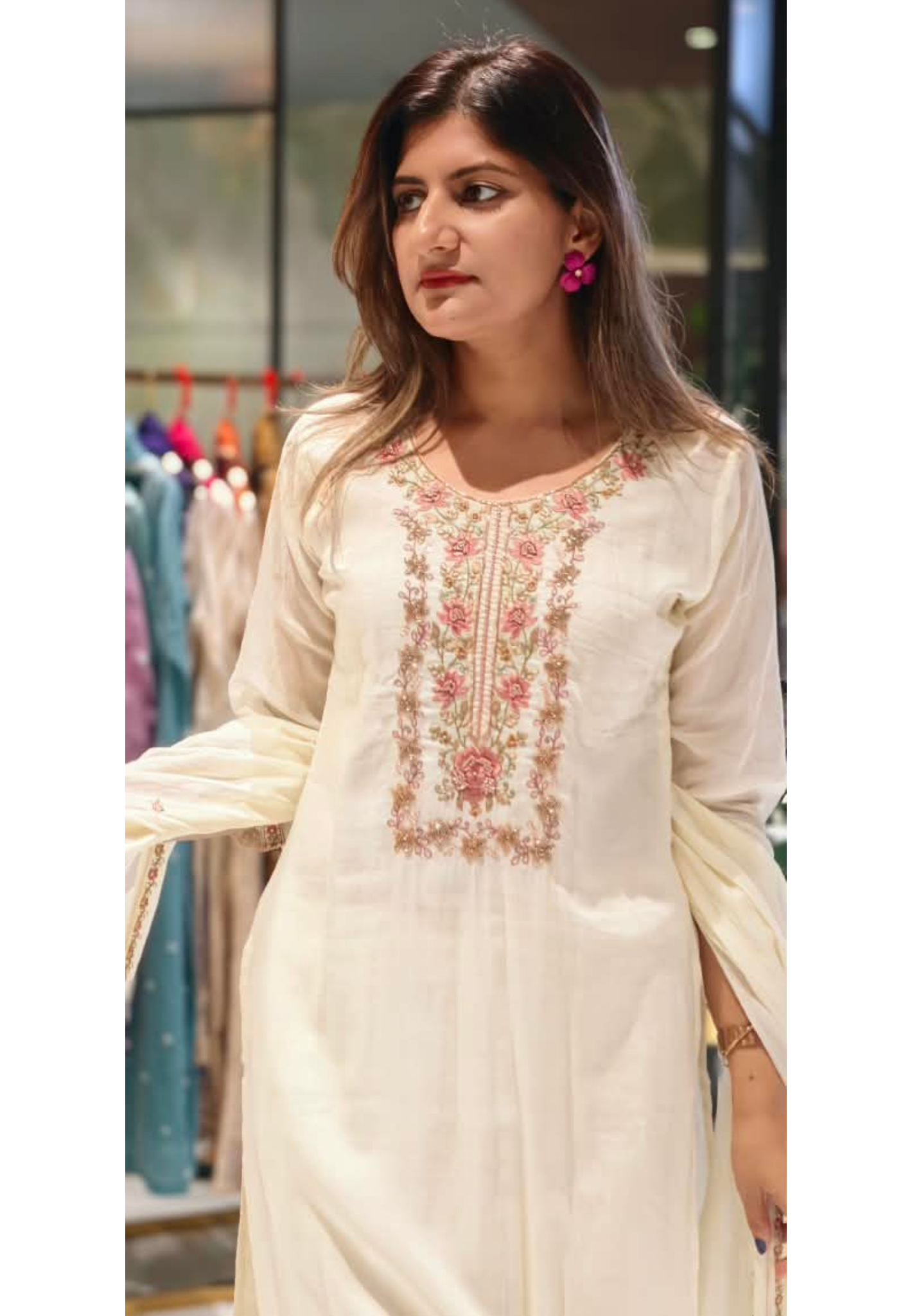 Ivory White Fine Intricate Embroidered Yoke Elegant Straight Full Suit Set With Dupatta- 15881