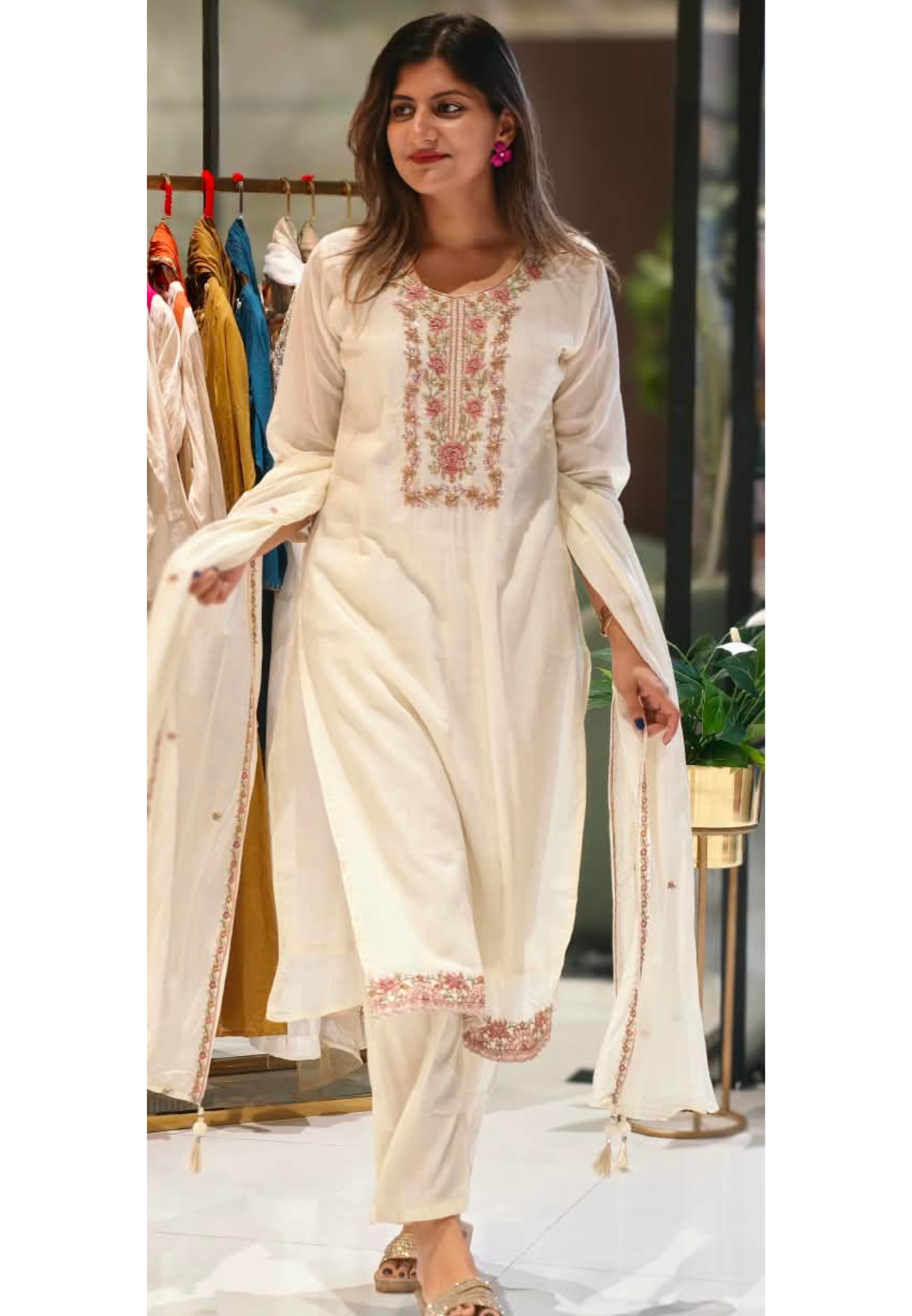 Ivory White Fine Intricate Embroidered Yoke Elegant Straight Full Suit Set With Dupatta- 15881
