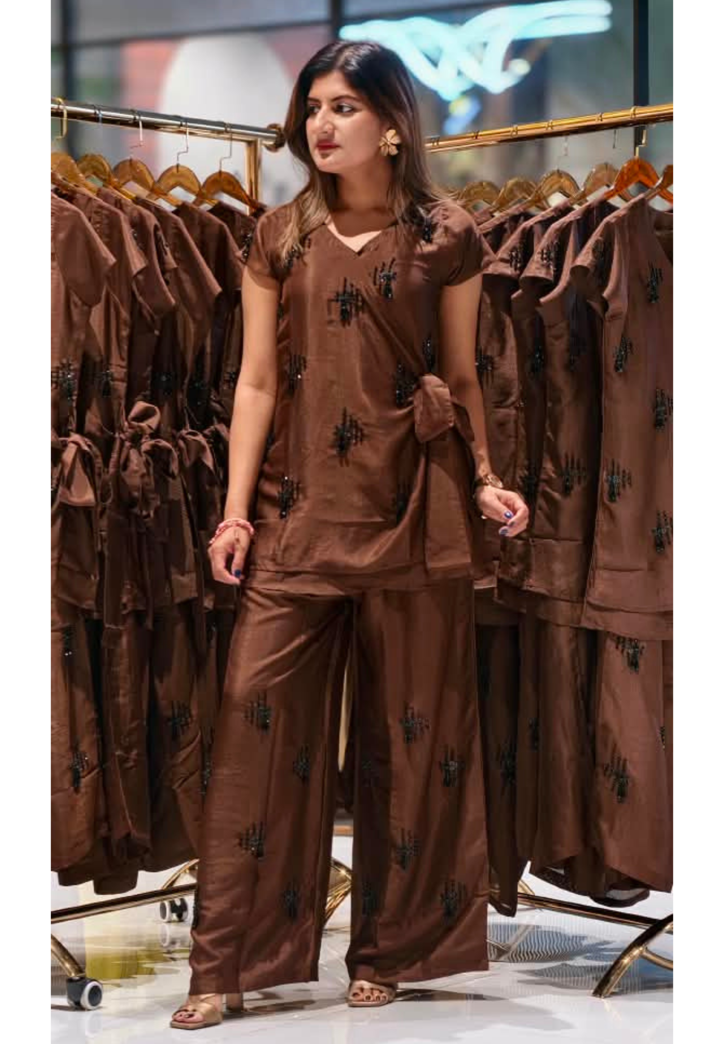 Chocolate Brown Embellished Wrap Tie Top and Wide-Leg Pants Co-Ord In Shimmer Tissue Fabric- 16063