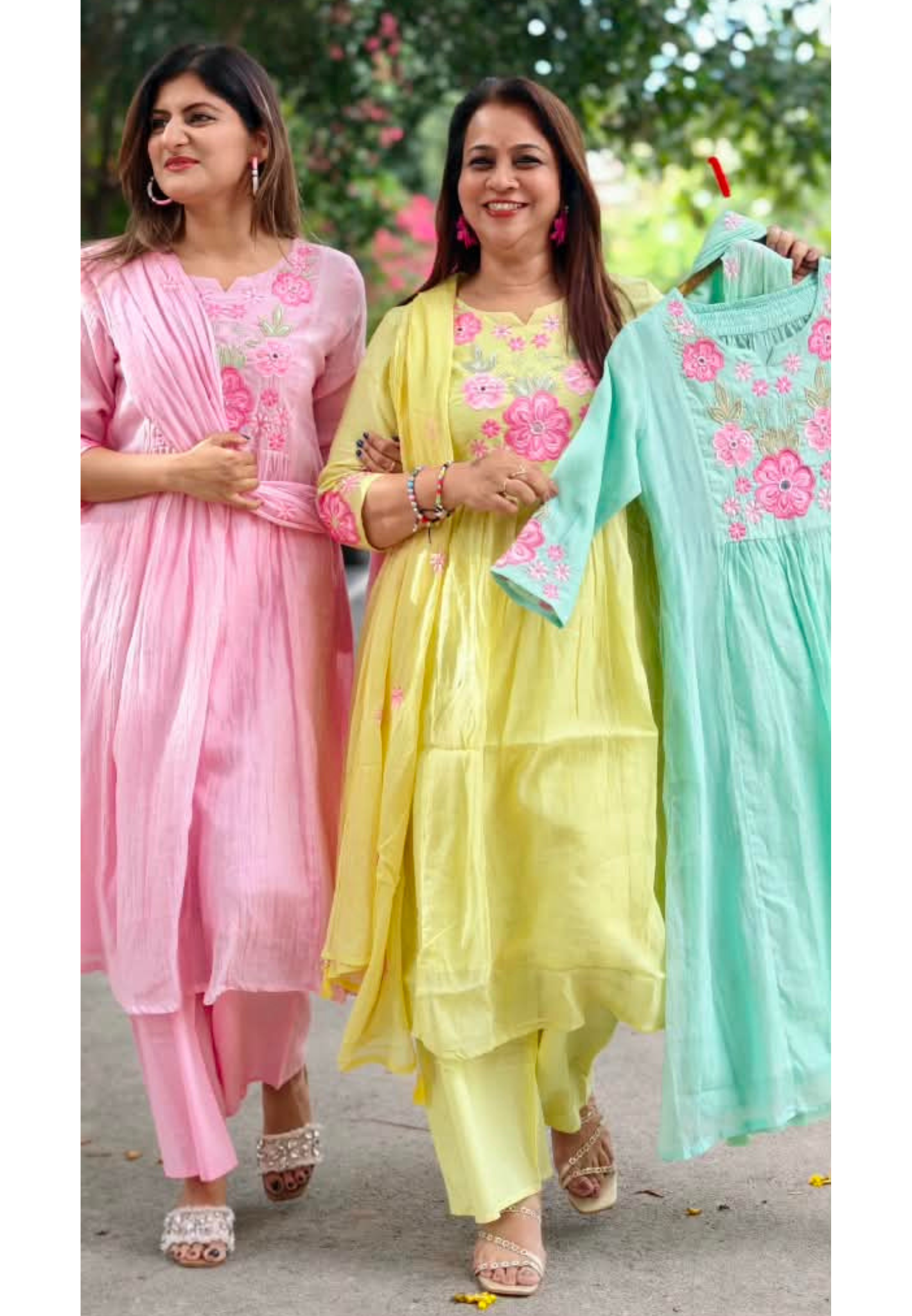 Fine Intricate Cute Floral Embroidered Block Yoke A-Line Full Suit Set With Dupatta- 16086