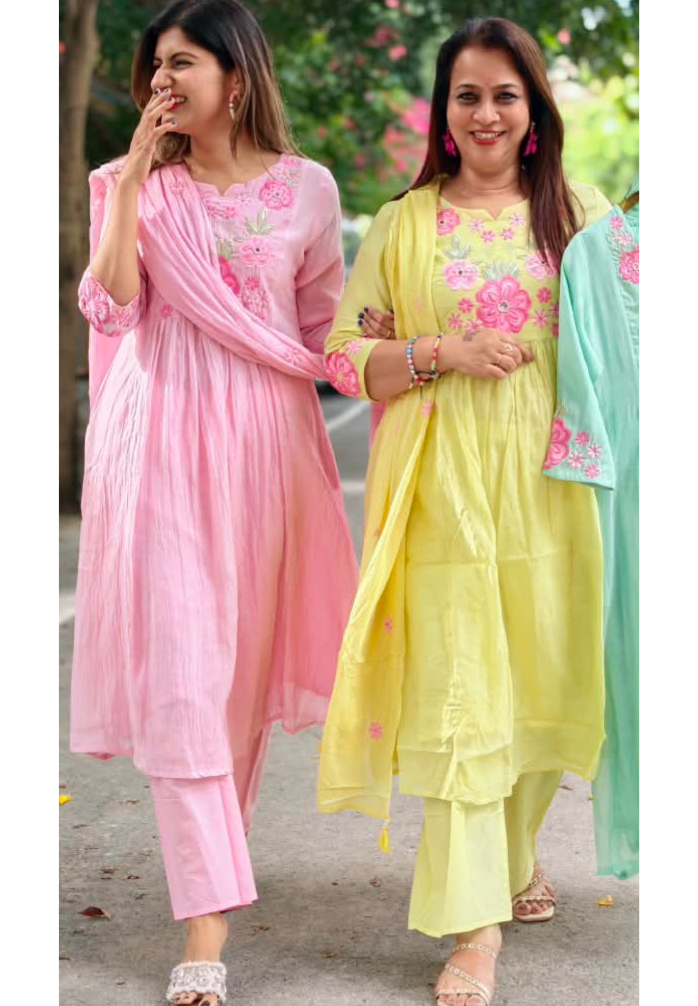 Fine Intricate Cute Floral Embroidered Block Yoke A-Line Full Suit Set With Dupatta- 16086