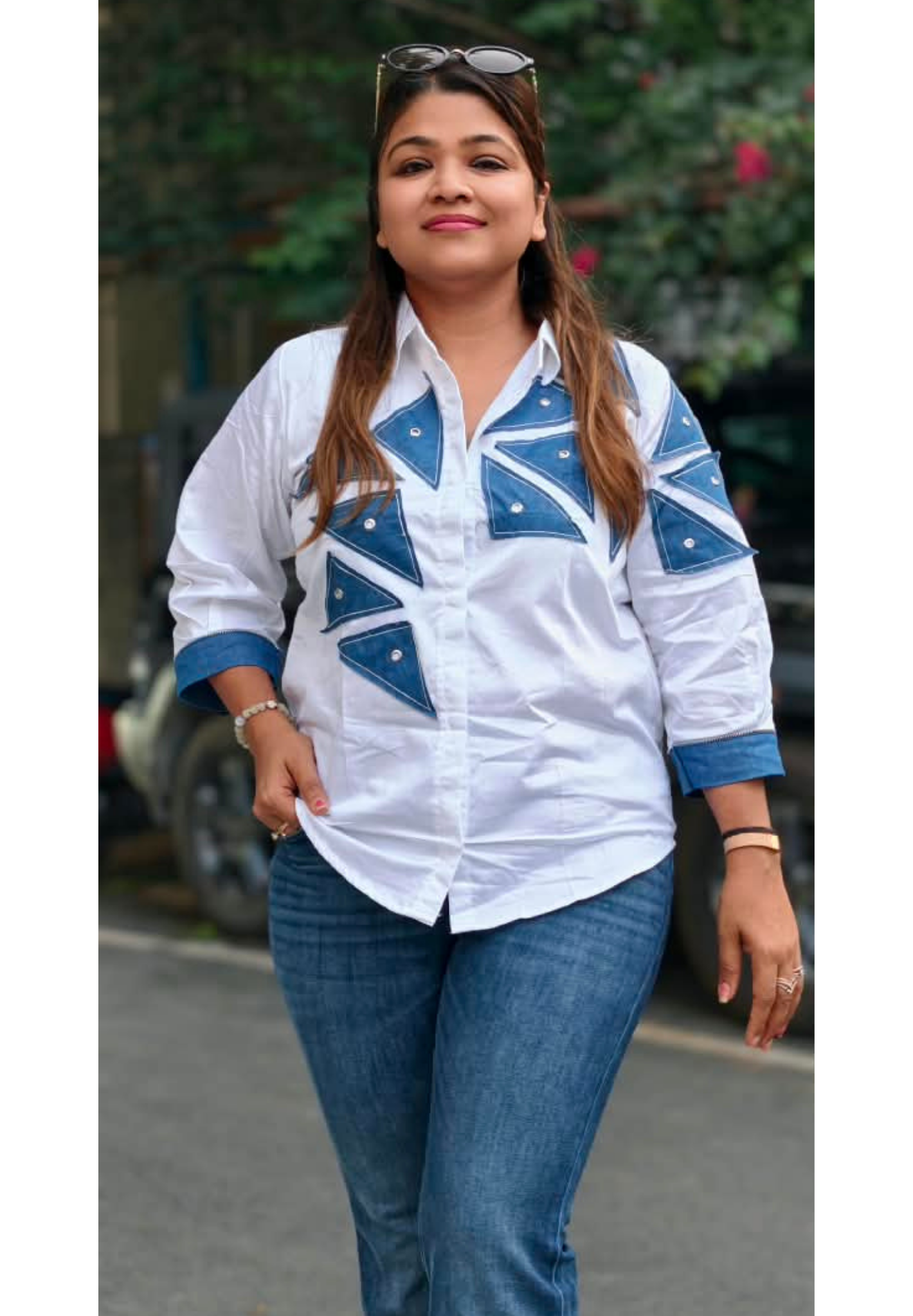 Crisp White Collared High-Low Tunic Top with Blue Denim Geometric Triangle Patchwork & Stud Accent Trim- 16120
