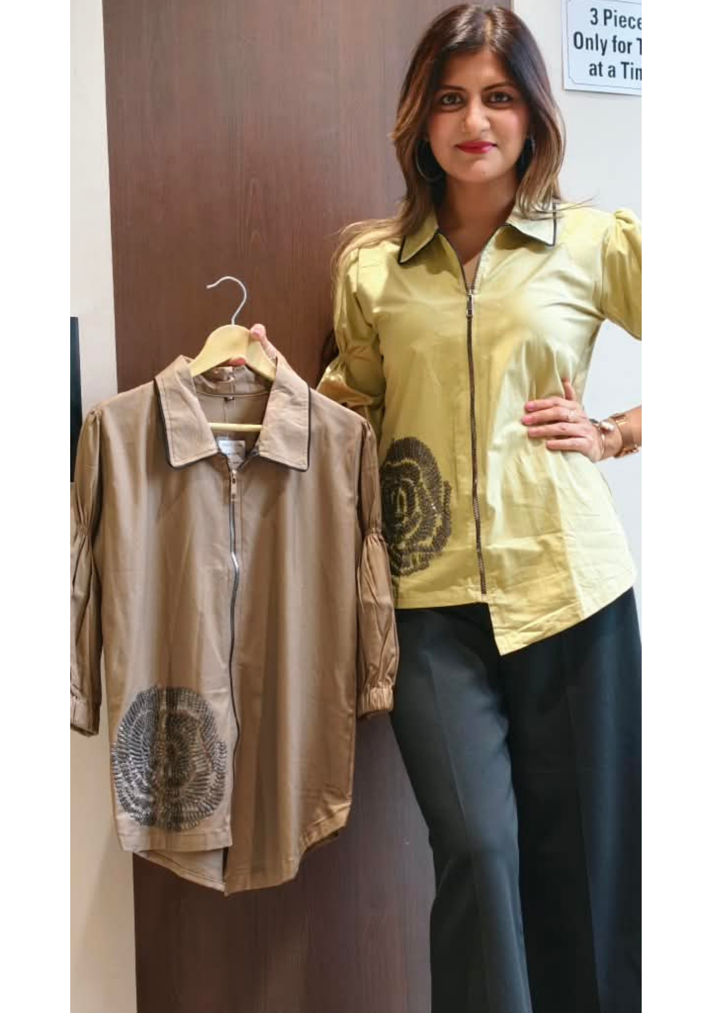 Stylish Full-Zip Collared Tunic Top with Contrast Black Piping Trim & Spiral Embroidered Hem- 16116
