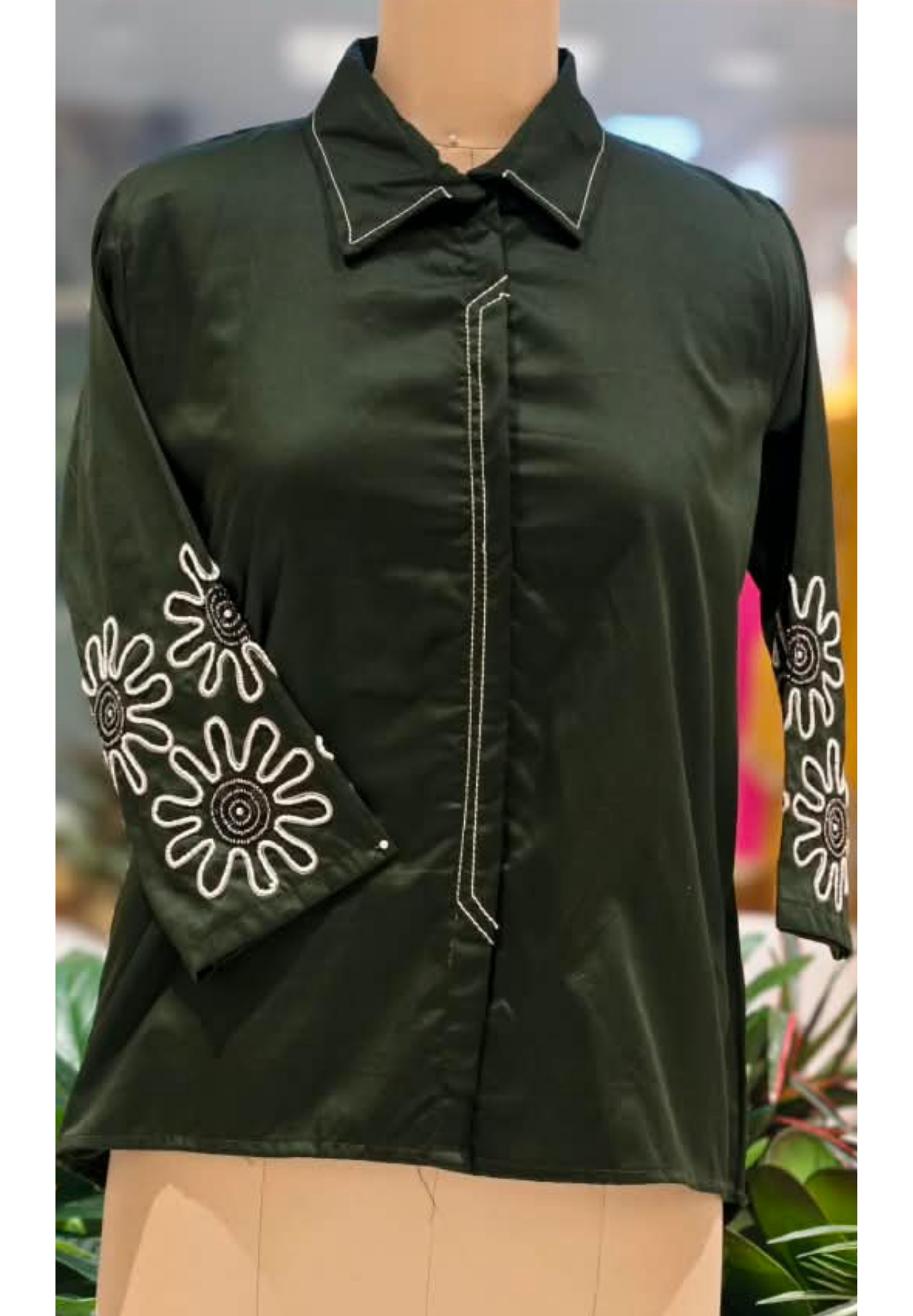 Dark Green Collared High-Low Tunic Shirt with White Contrast Stitching & Floral Sunburst Sleeve Embroidery- 16117