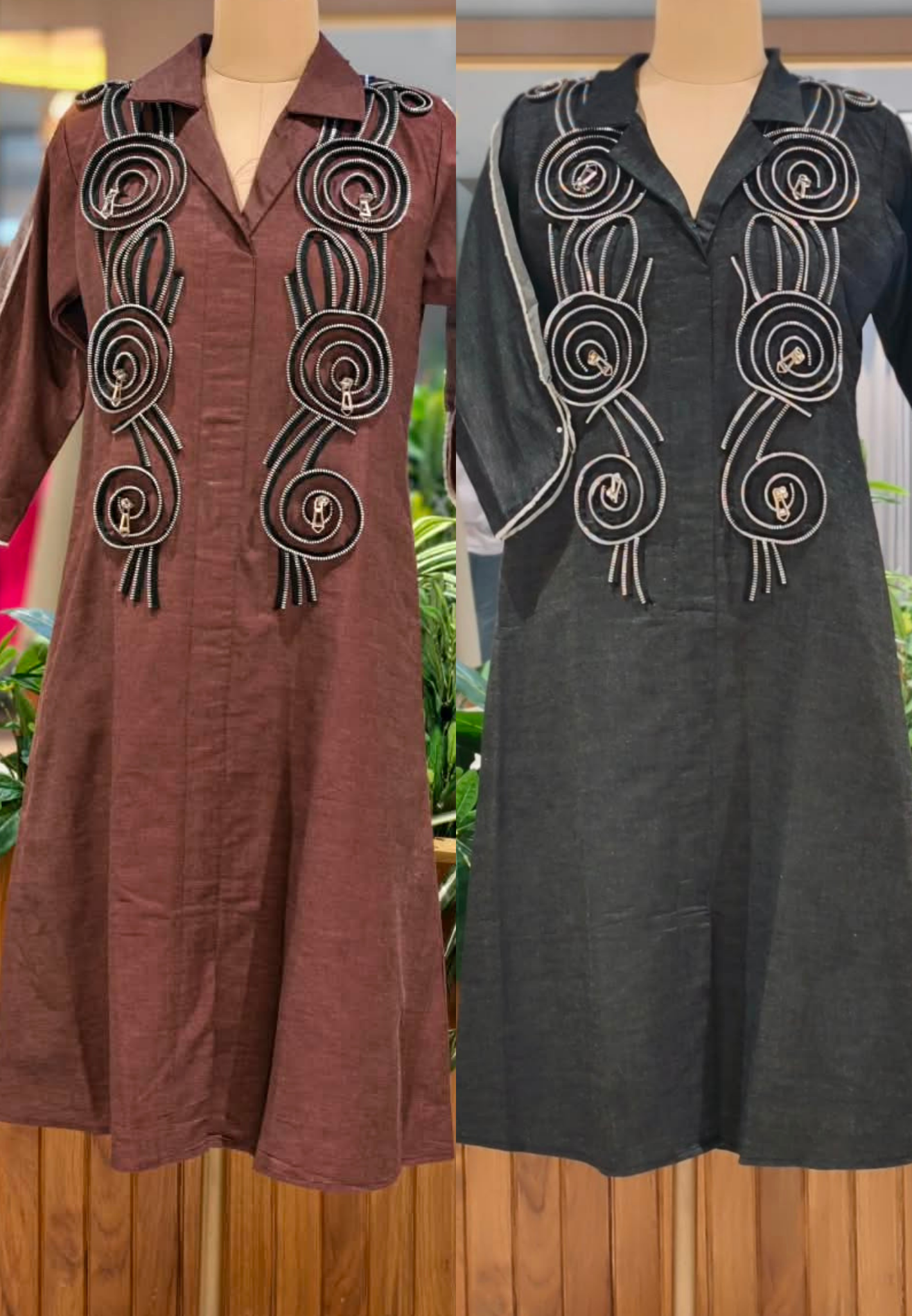 Dark Shade Longline Denim Shirt Dress with Statement Spiral Zipper Embellishments and Metallic Accents- 16112