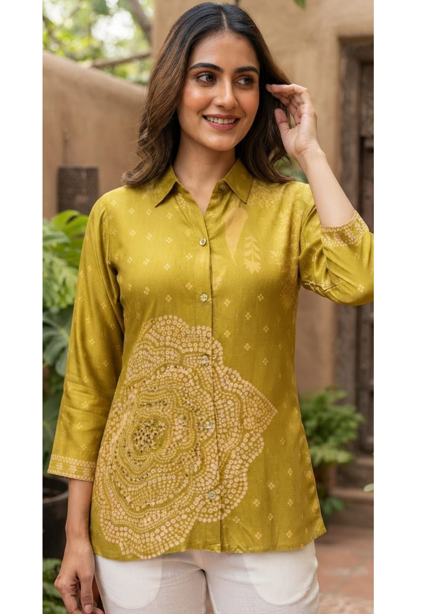 Spiral Bandhej & Abstract Linear Prints Flowy Crepe Casual Shirts- 15929