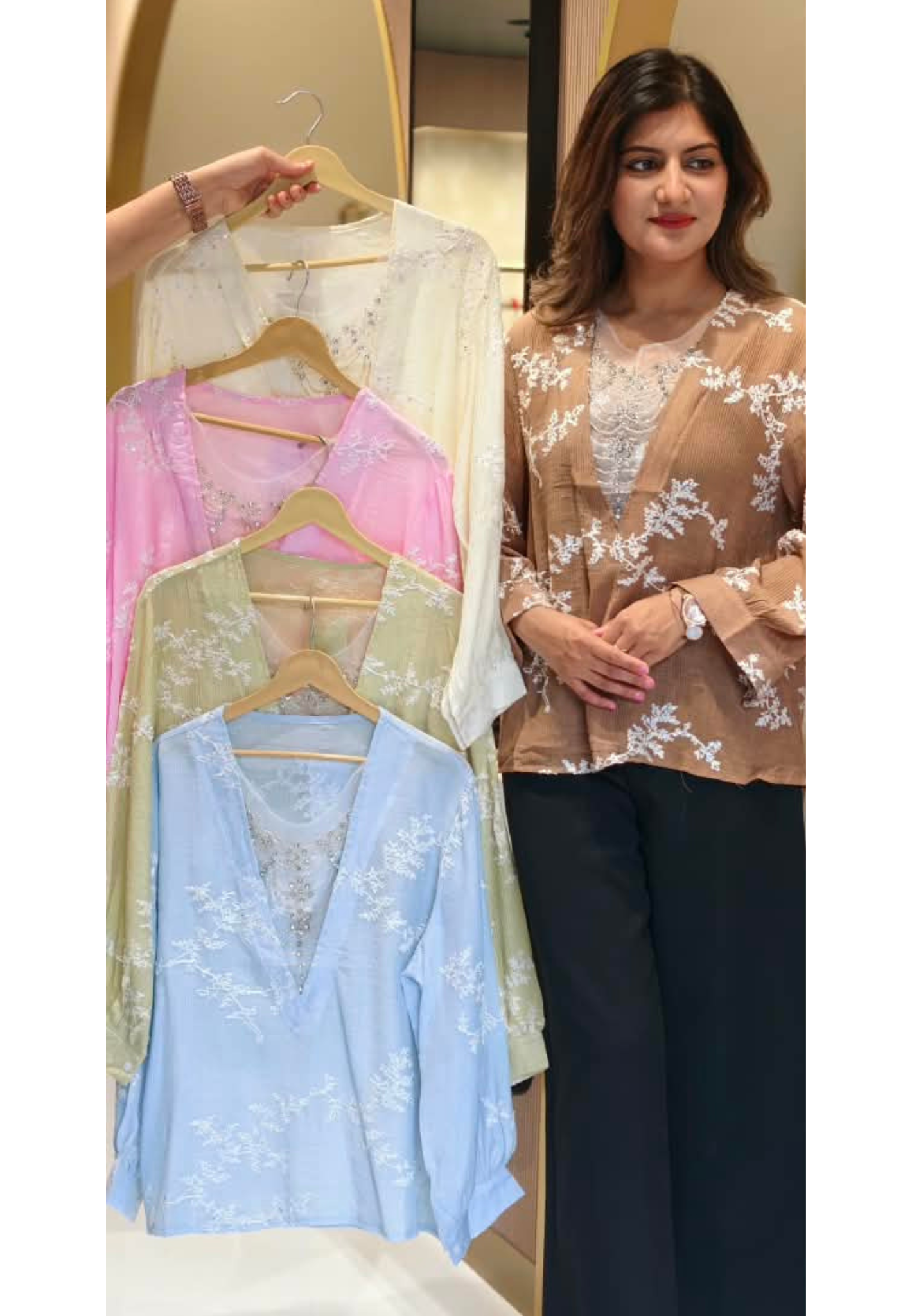 Floral Sheer Embroidery Syroski Stone Jewel Front Work Imported Western Top- 16172