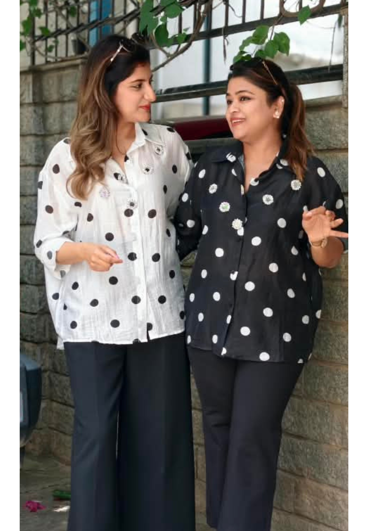 Cute Floral Beaded Stone Polka Prints Oversized Imported Western Shirt- 16189