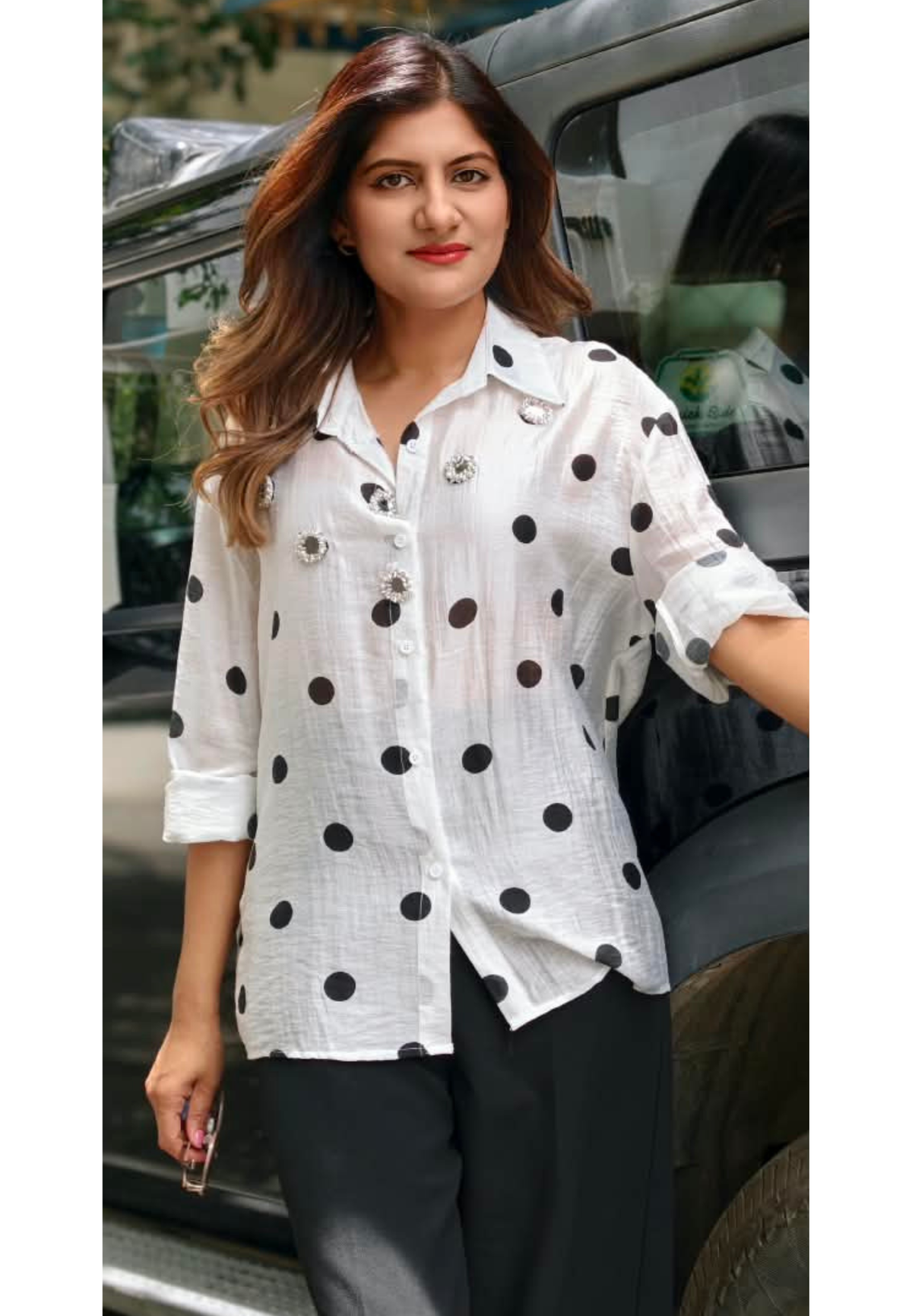 Cute Floral Beaded Stone Polka Prints Oversized Imported Western Shirt- 16189